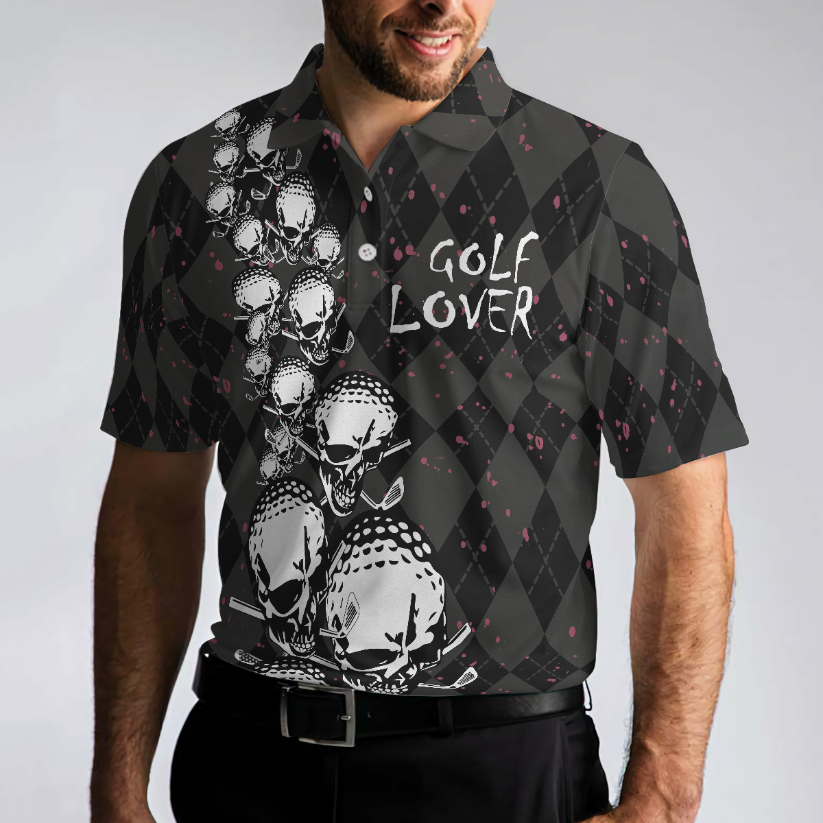 Elegant Argyle Pattern And Skull Golf Lover Polo Shirt V2, Black Skull Golf Shirt For Men