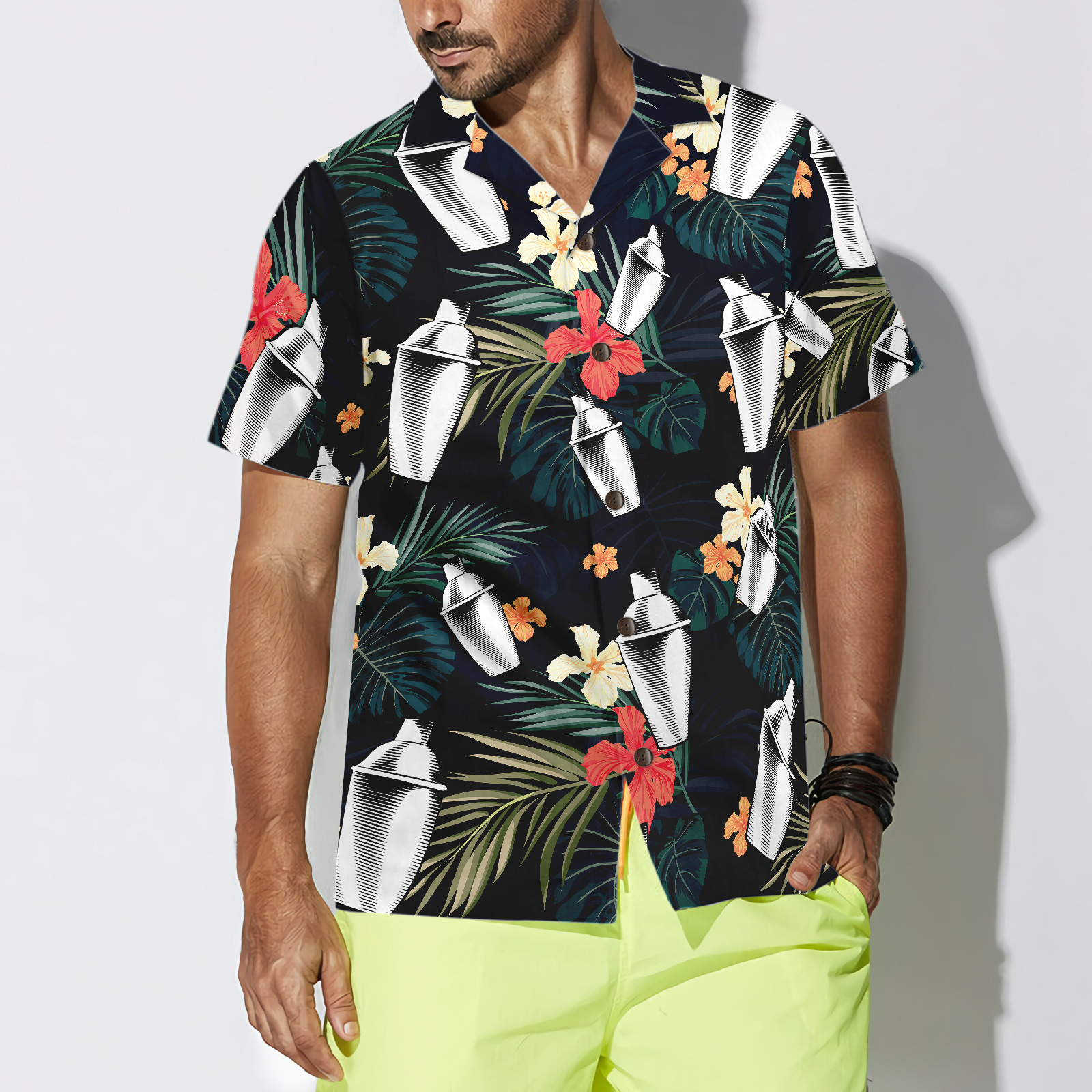 Tropical Pattern Bartender Shirts For Men Hawaiian Shirt