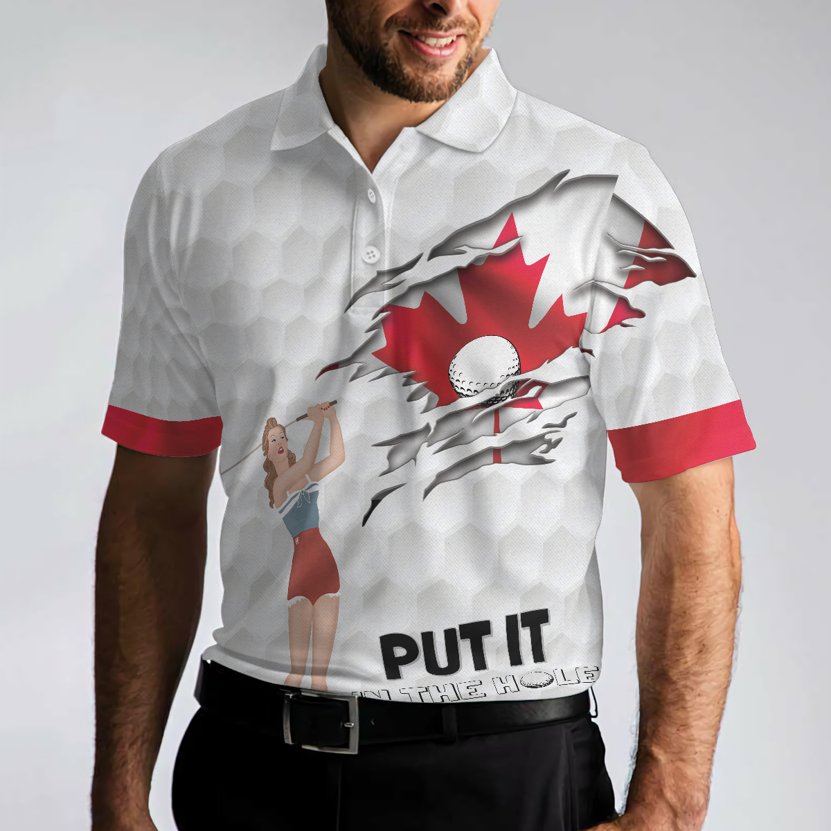 Golf Canada Flag Pin Up Girl Polo Shirt, Canadian Golf Shirt For Men