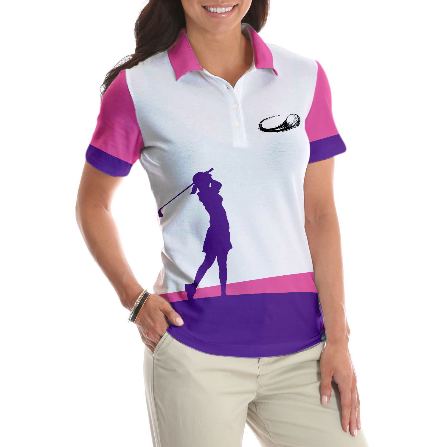Swing Swear Look For Ball Repeat Golf Short Sleeve Women Polo Shirt, White And Pink Golf Shirt For Ladies, Unique Female Golf Gift