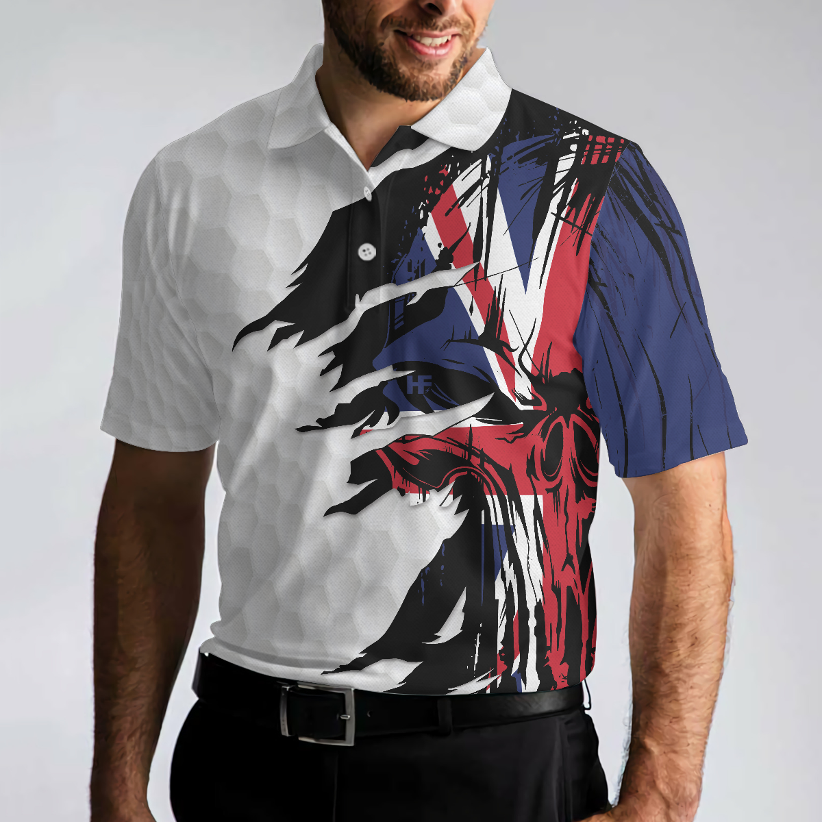 Skull United Kingdom Ripped Golf Short Sleeve Polo Shirt, Golf Pattern Polo Shirt, UK Golf Shirt For Men