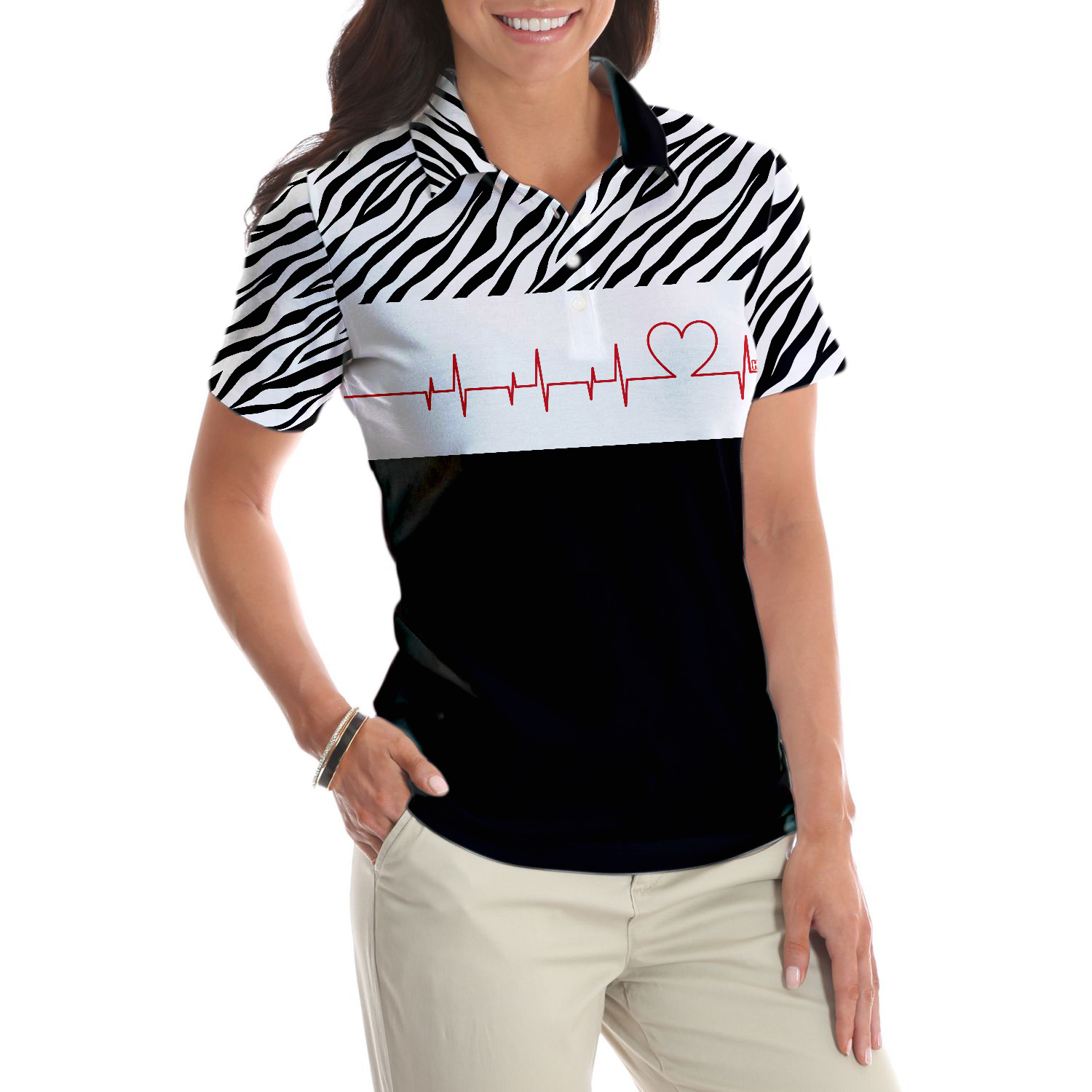 Bowling Heartbeat Zebra Pattern Short Sleeve Women Polo Shirt, Bowling Shirt For Ladies