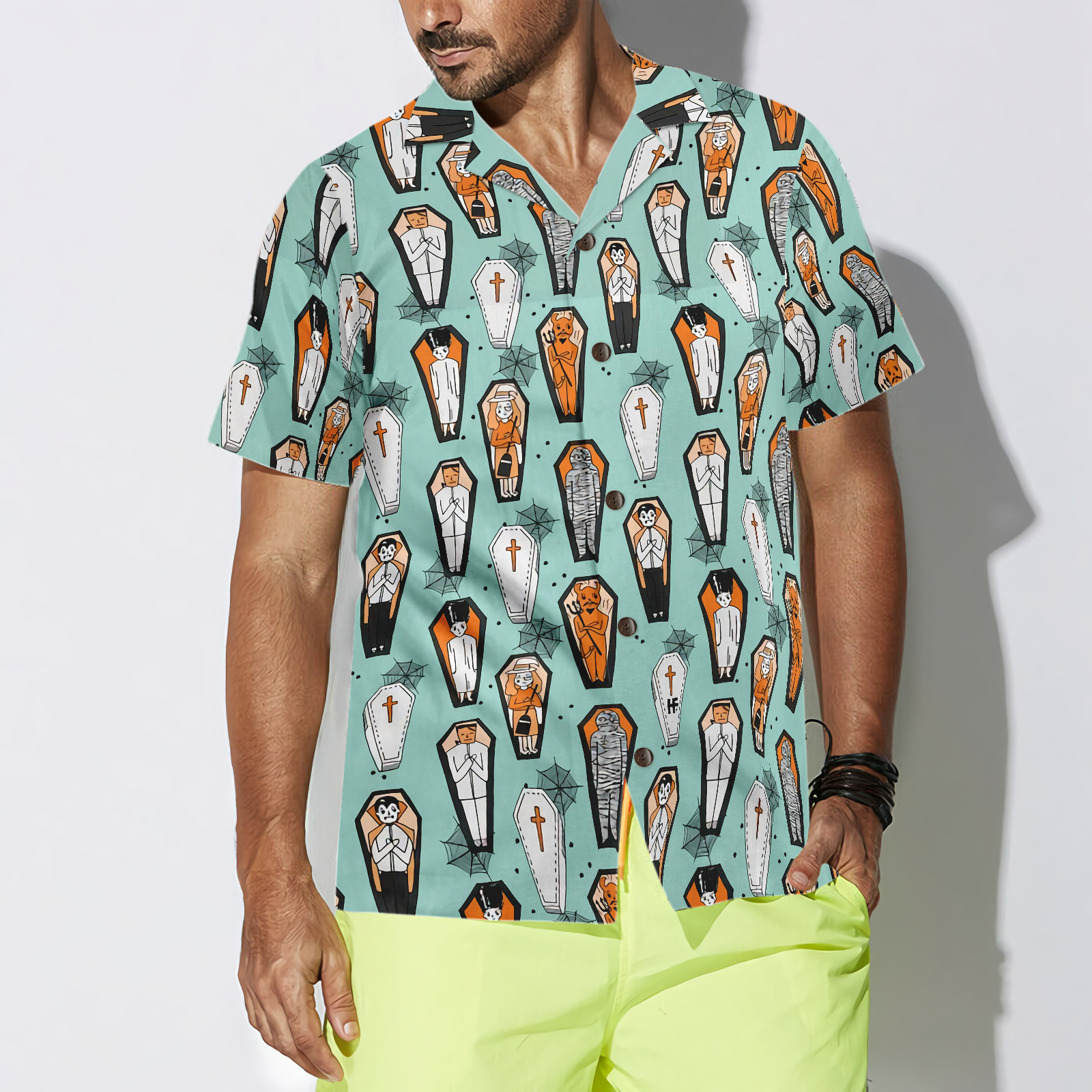 Vampire Coffins Halloween Shirt For Men, Arctic Blue Coffin Pattern Hawaiian Shirt