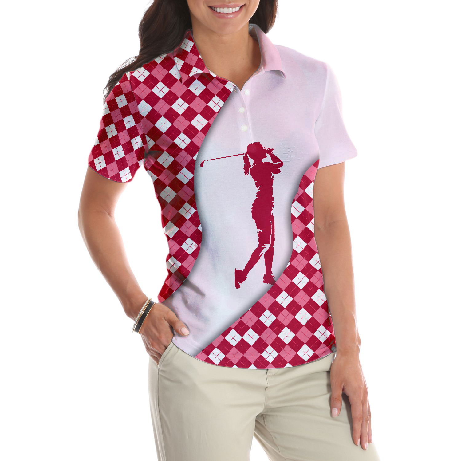 Golf And Wine Kind Of Girl Short Sleeve Women Polo Shirt, Pink Diamond Pattern Shirt For Golf Ladies