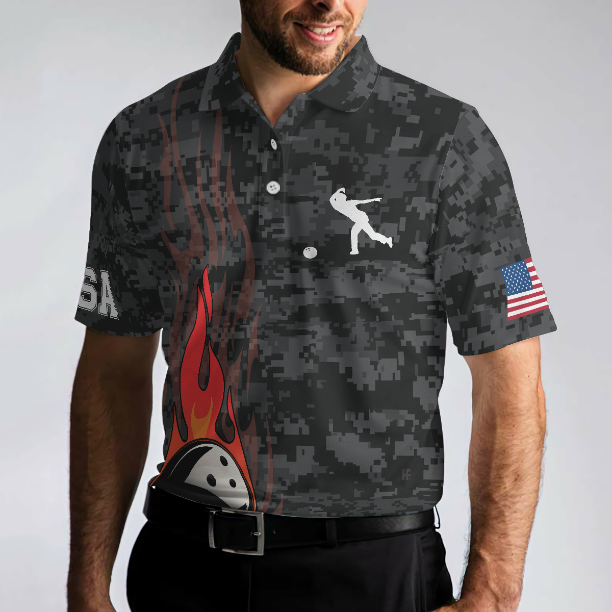 America Eagle Bowling Polo Shirt, Camouflage USA Flag Bowling Shirt For Men