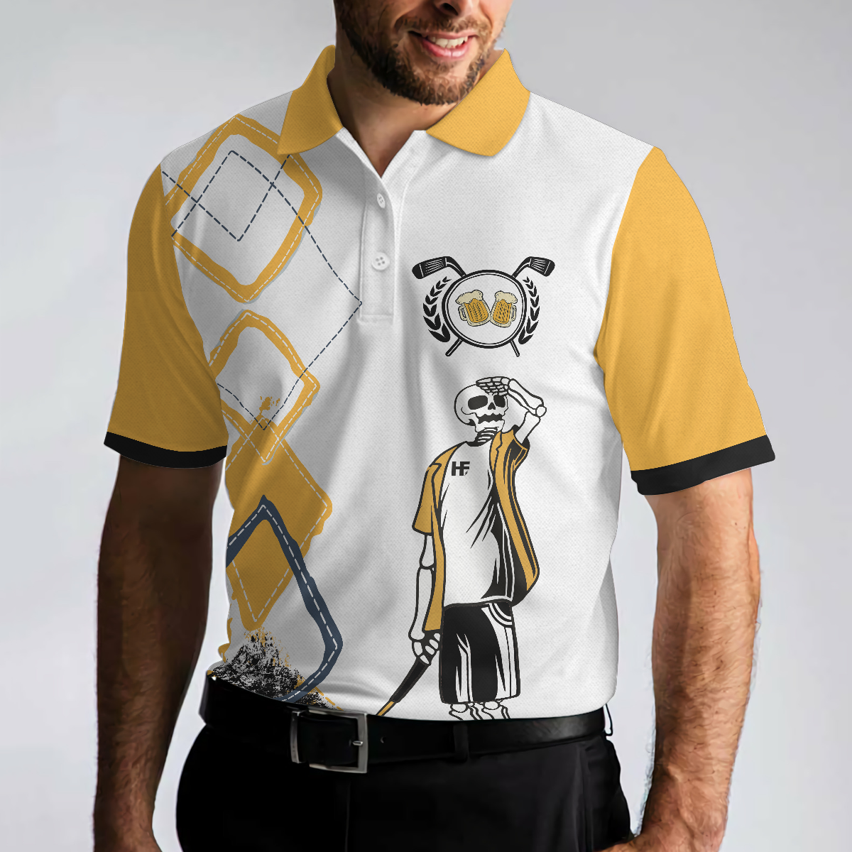 Just Another Beer Drinker With A Golfing Problem Polo Shirt, White And Yellow Argyle Pattern Golf Shirt