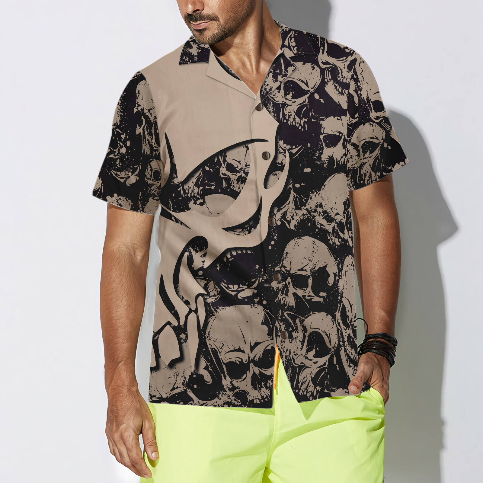 Gothic Winged Skull Hawaiian Shirt, Black And White Skull Pattern Hawaiian Shirt