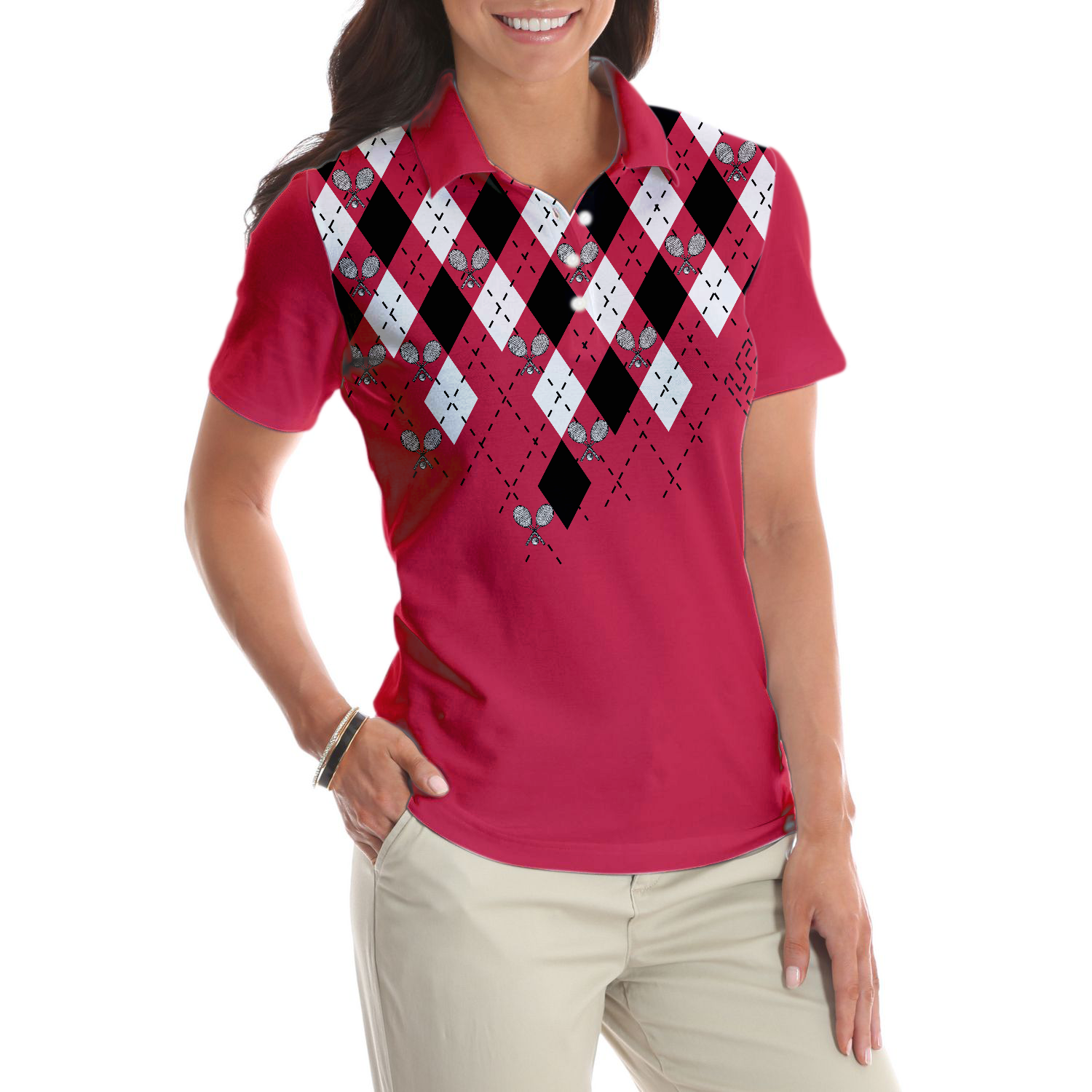Tennis Shirt With Argyle Pattern Short Sleeve Women Polo Shirt
