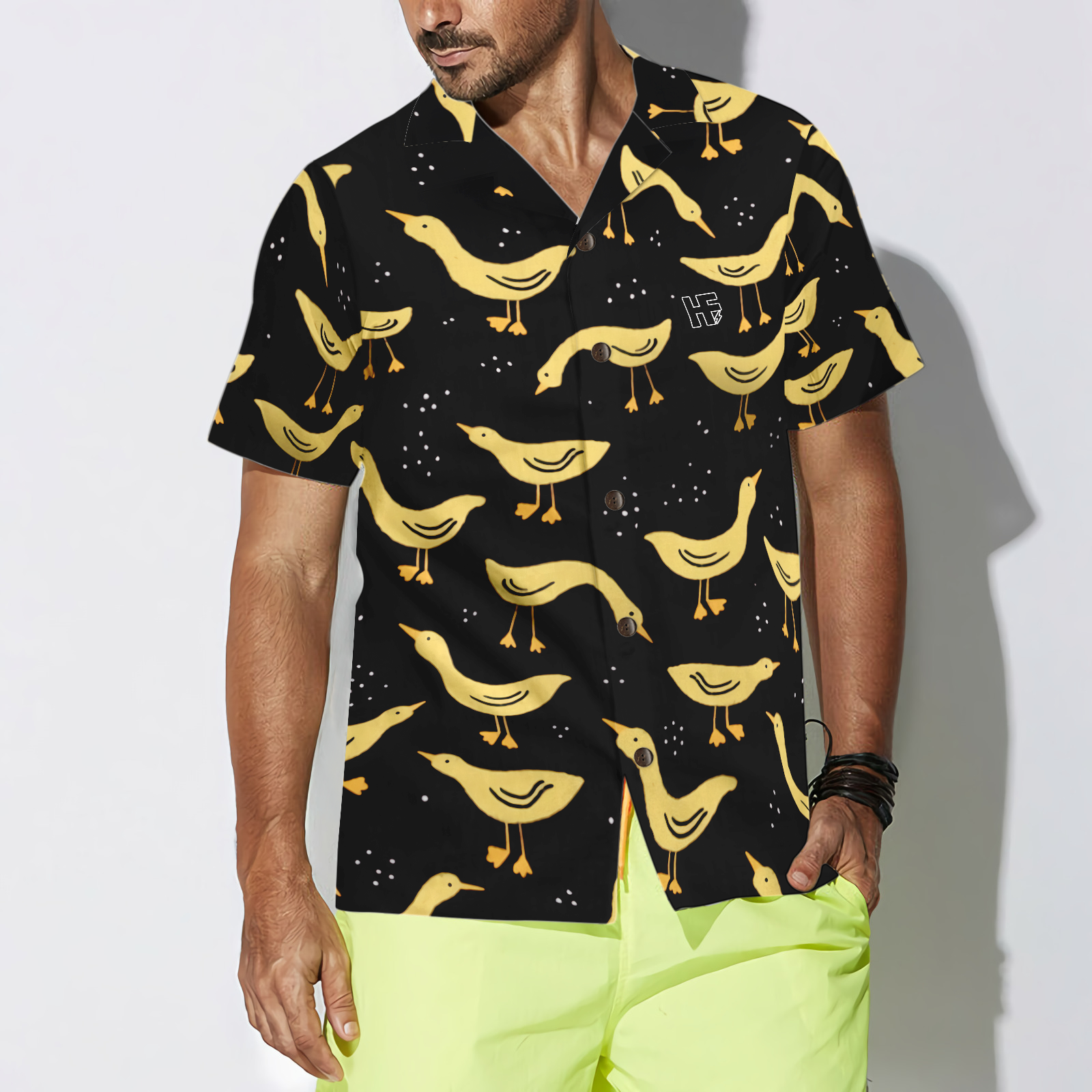 Ducks In Darkness Hawaiian Shirt For Men, Black And Yellow Banana Duck Pattern Hawaiian Shirt