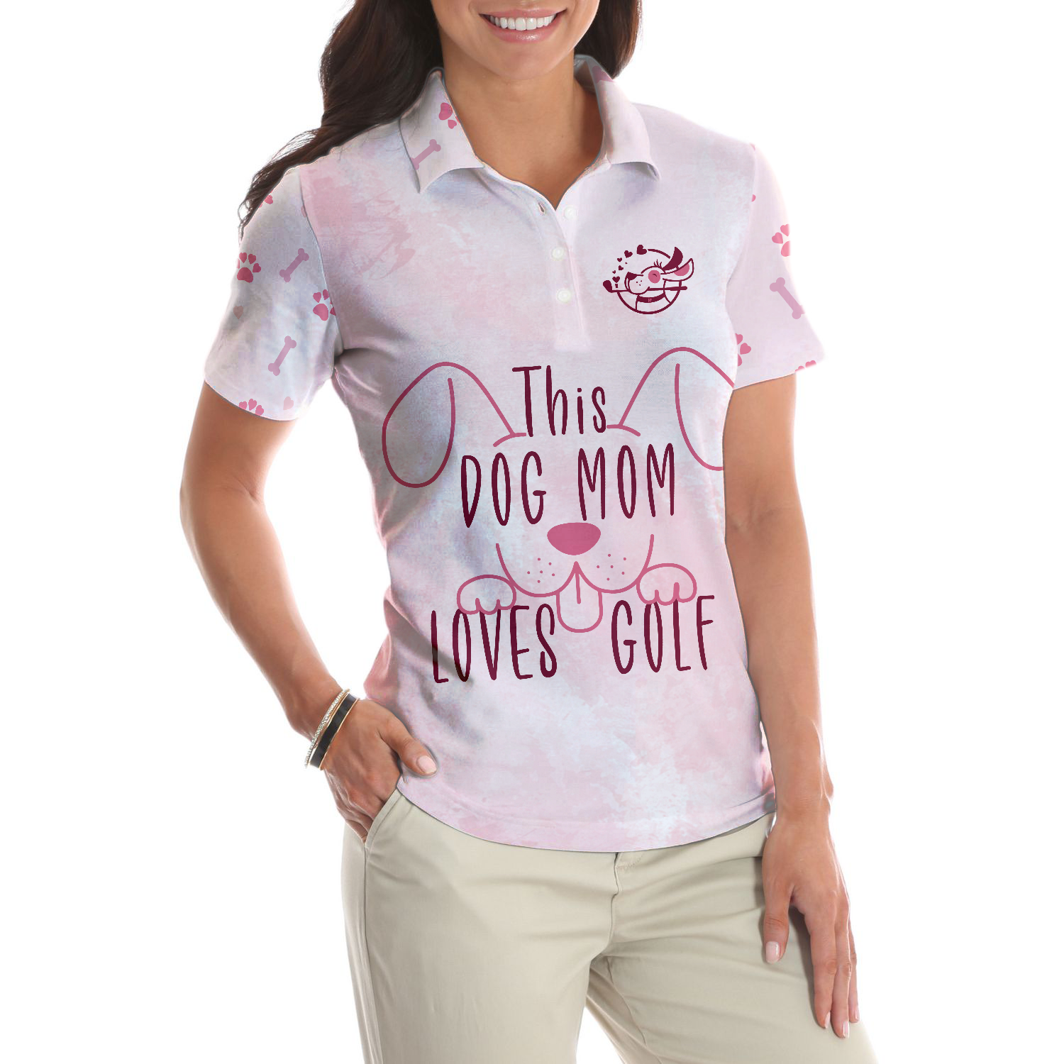 This Dog Mom Loves Golf Short Sleeve Women Polo Shirt, Pink Golf Shirt For Ladies, Golf Gift For Dog Lovers