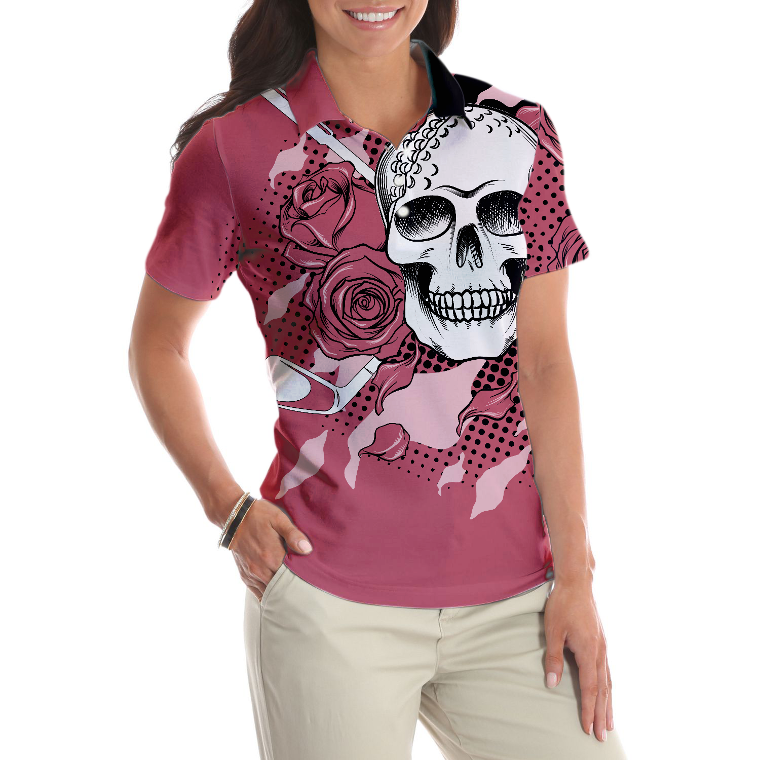 Golf Pink Skull Ladies Short Sleeve Women Polo Shirt, Rose Golf Shirt For Ladies, Cool Female Golf Gift