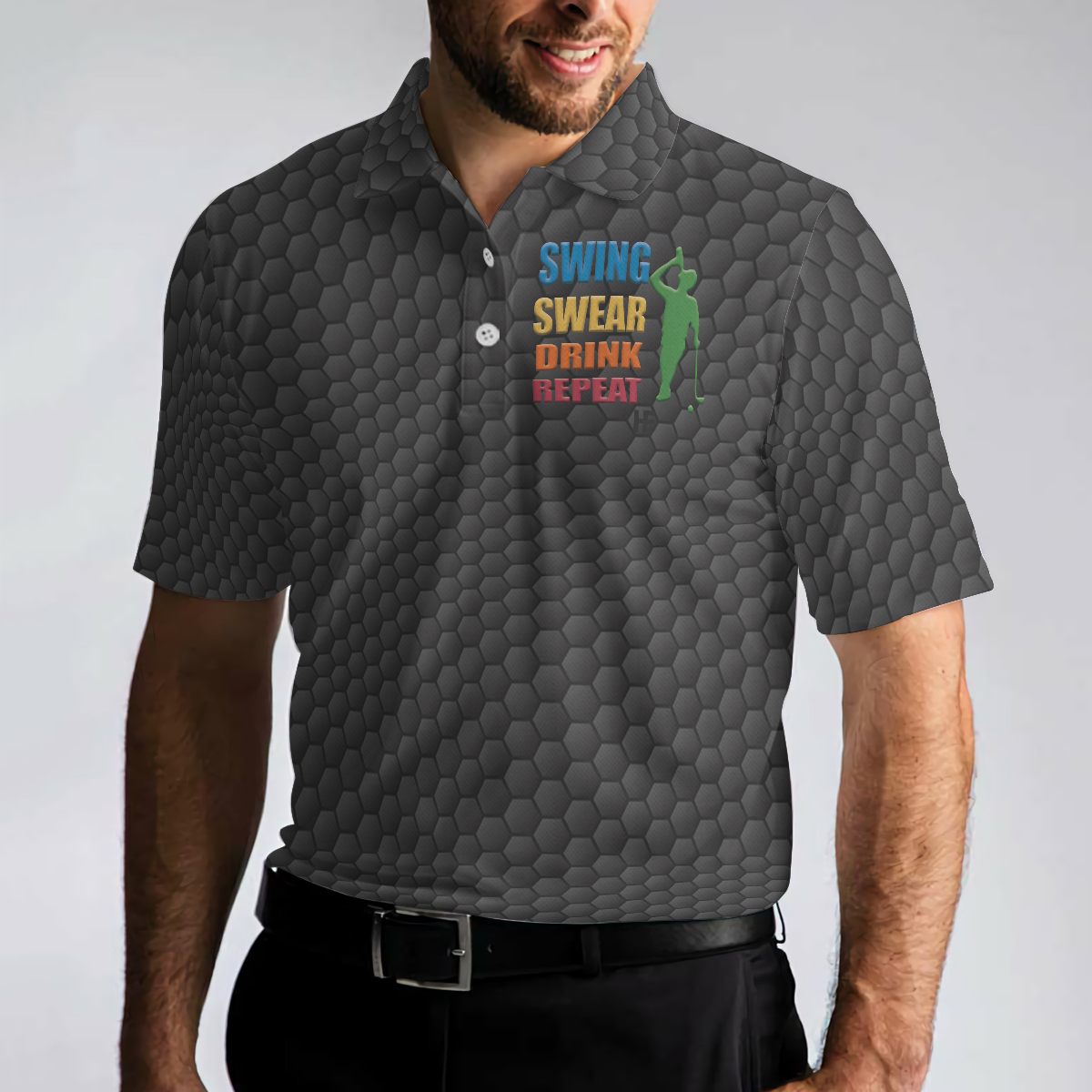 Golf Swing Swear Drink Repeat Polo Shirt, Black Golf Ball Pattern Shirt For Male, Funny Golf Shirt With Sayings