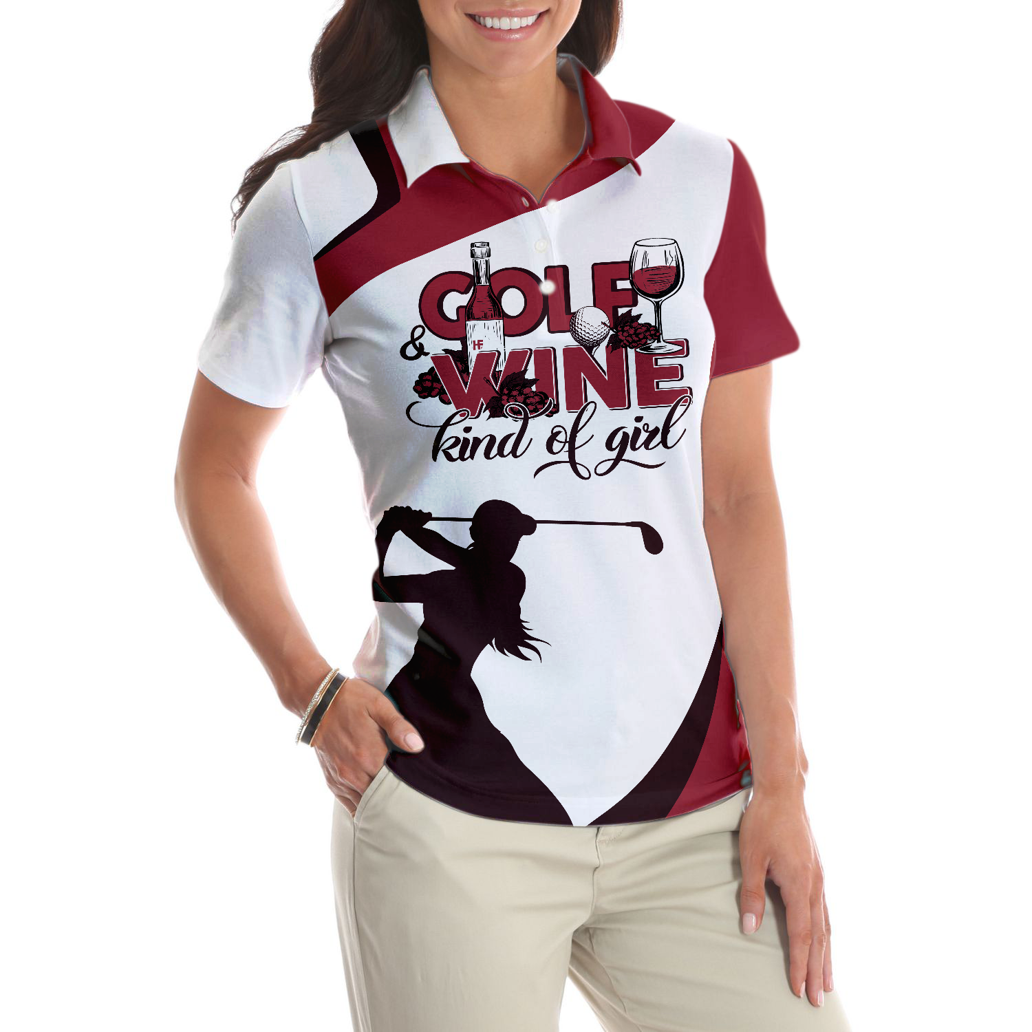 Golf And Wine Kind Of Girl Golf Short Sleeve Polo Shirt, White And Red Golf Women Polo Shirt, Golf Shirt For Wine Lovers - Hyperfavor