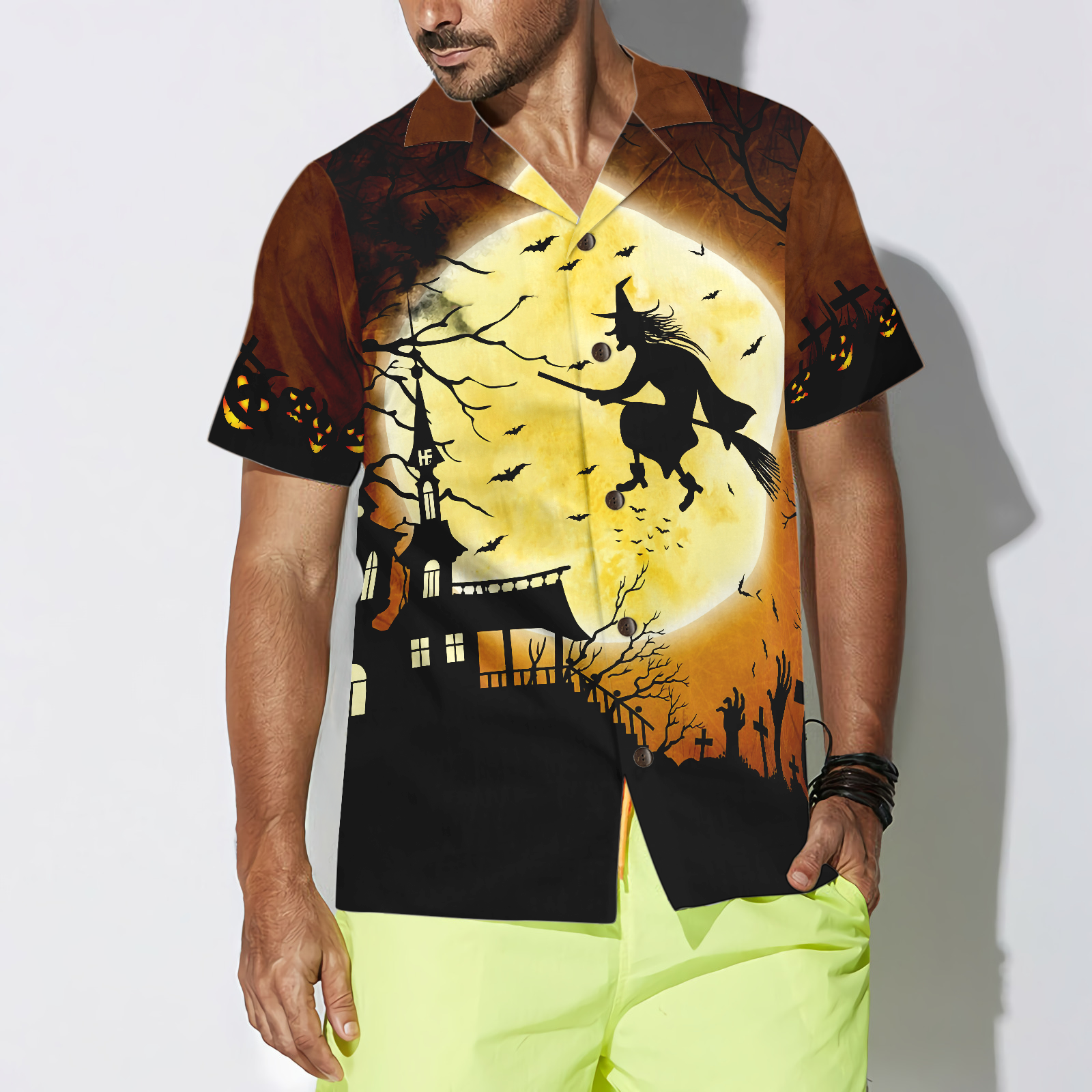 Halloween Night Flying Witch Over A Castle Hawaiian Shirt, Full Moon Pumpkin Graveyard Zombie Hawaiian Shirt For Men