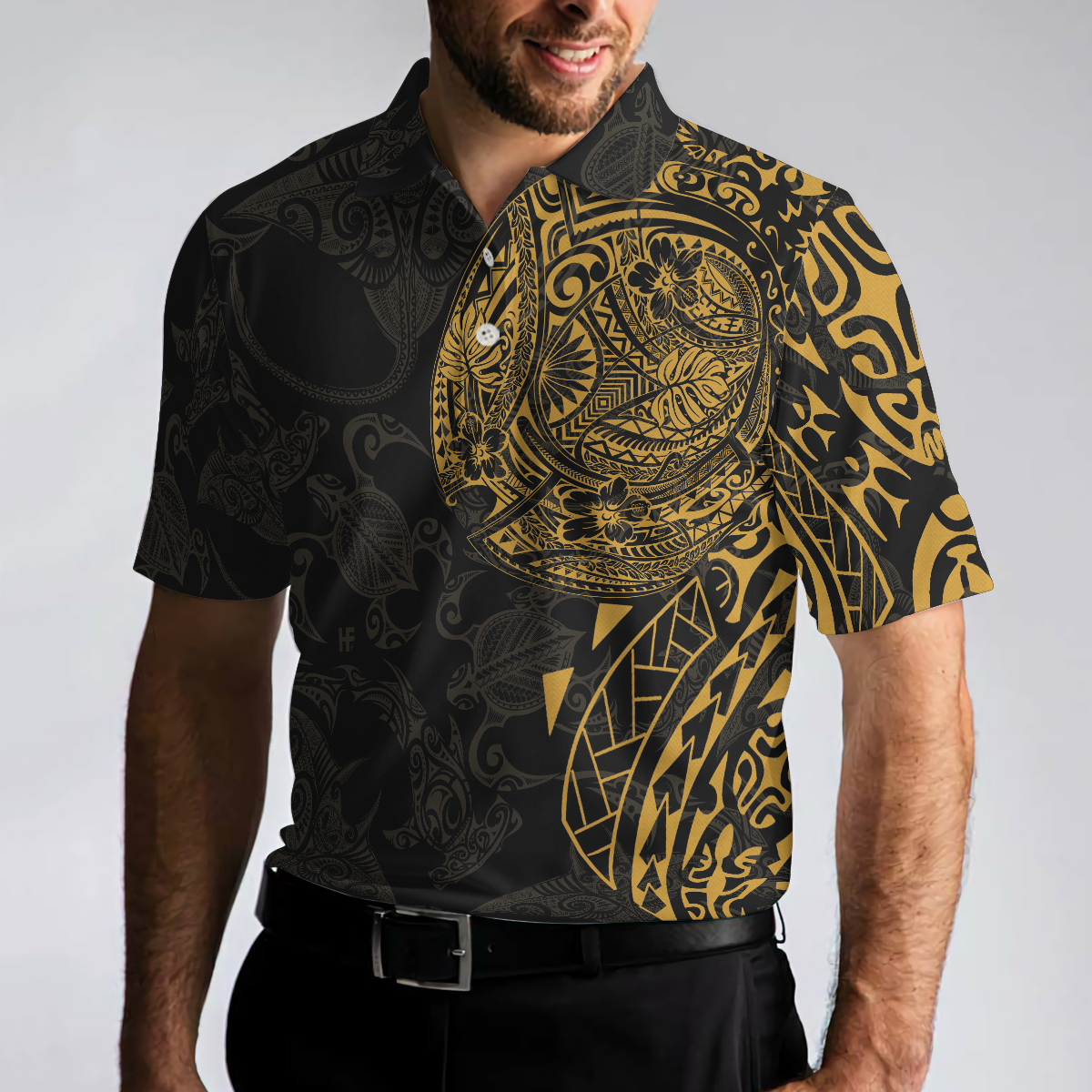 Strong And Cool Polynesian Pattern Polo Shirt, Luxury Black And Gold Shirt For Men