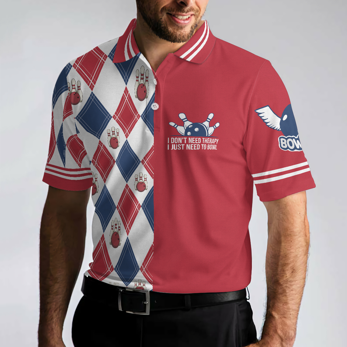 I Don't Need Therapy I Just Need To Bowl Polo Shirt, Argyle Pattern Bowling Shirt For Men, Gift For Bowling Lovers