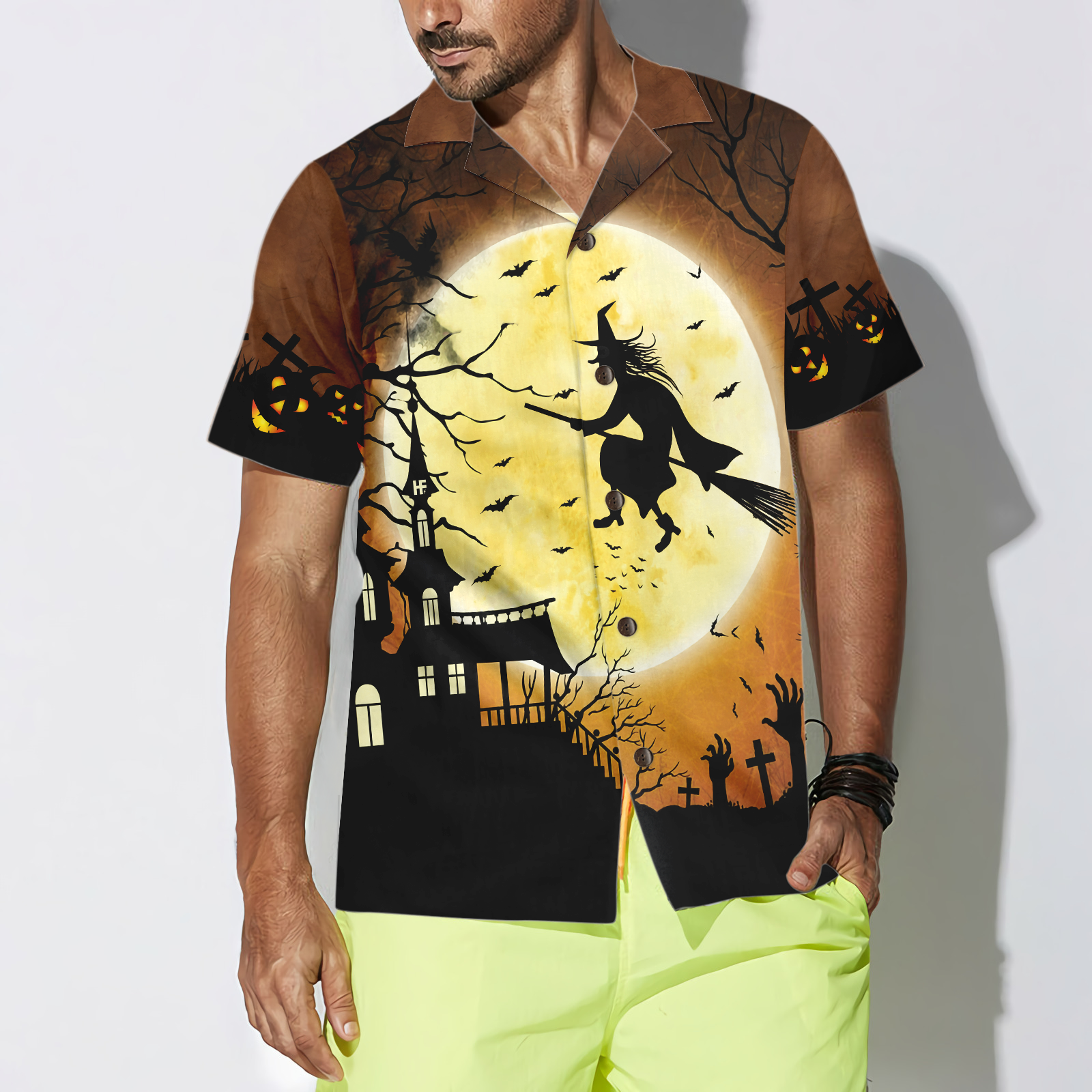 Halloween Night Flying Witch Over A Castle Hawaiian Shirt, Full Moon Pumpkin Graveyard Zombie Hawaiian Shirt For Men