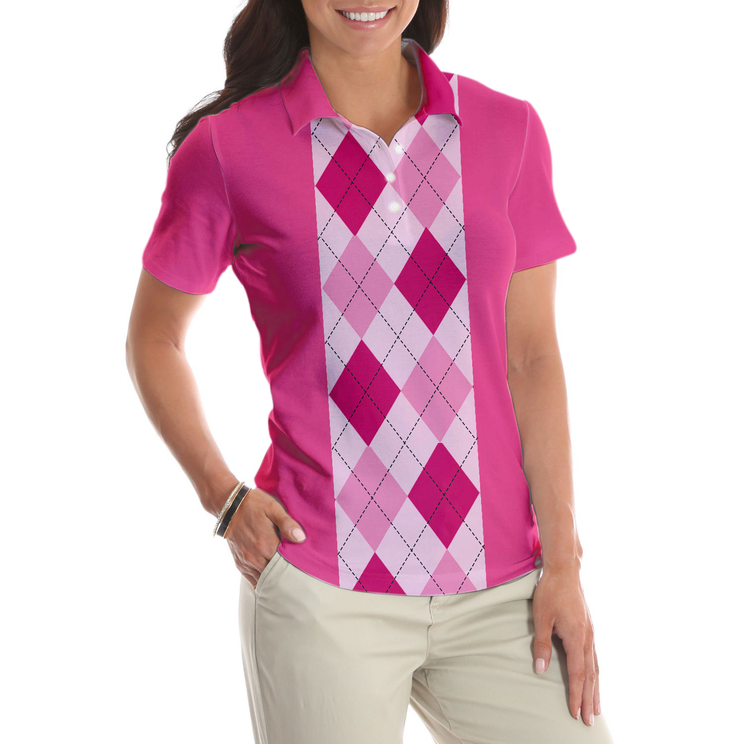 Anytime Is A Good Time For Golf Short Sleeve Women Polo Shirt, Pink Argyle Pattern Golf Shirt For Female Golfers