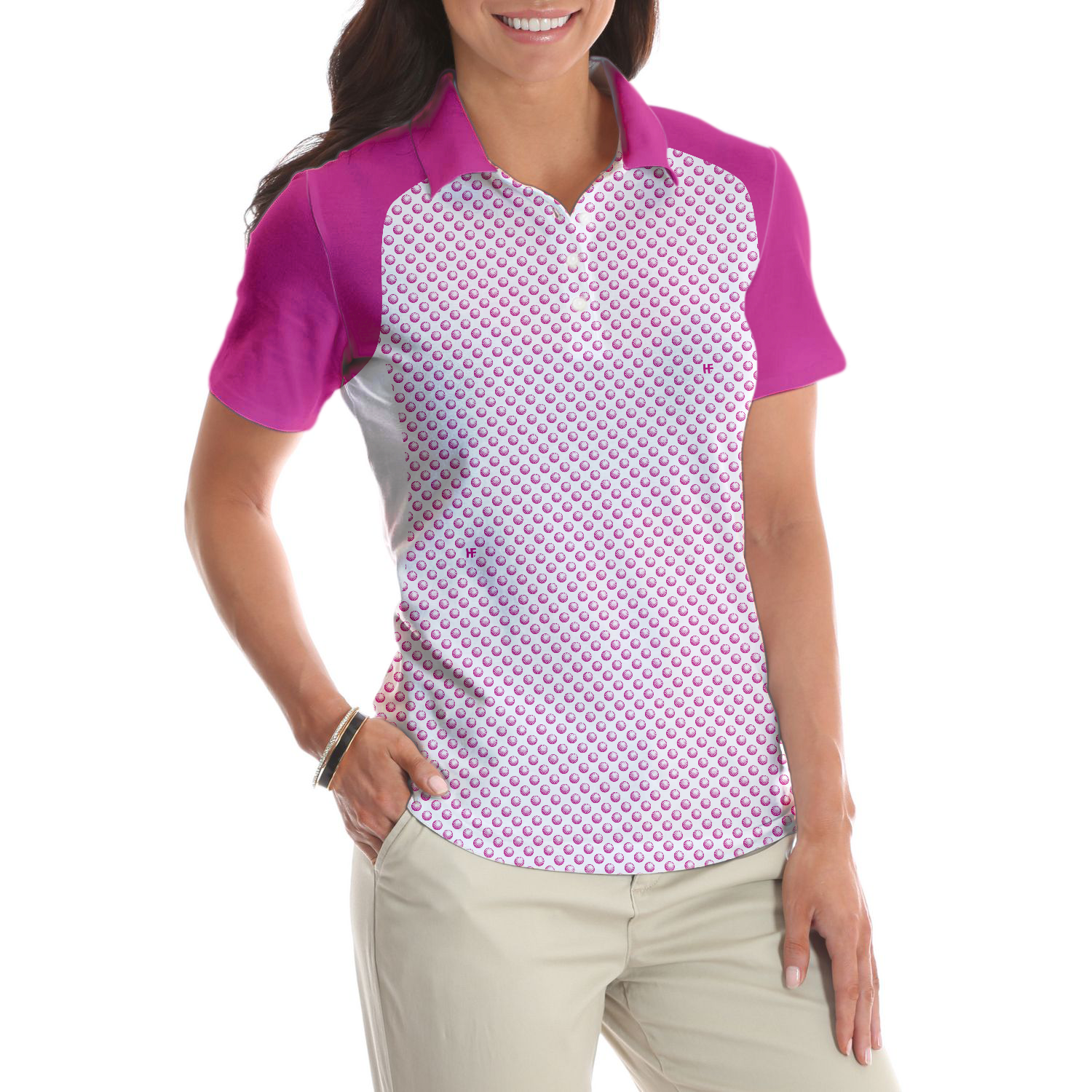 Pink Golf Balls Seamless Pattern Short Sleeve Women Polo Shirt