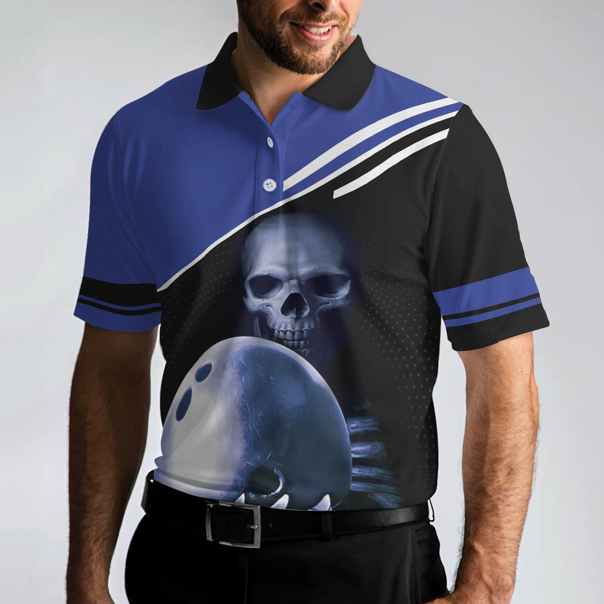 Skull Bowling Polo Shirt, Satanic Skeleton Bowler Bowling Shirt For Men