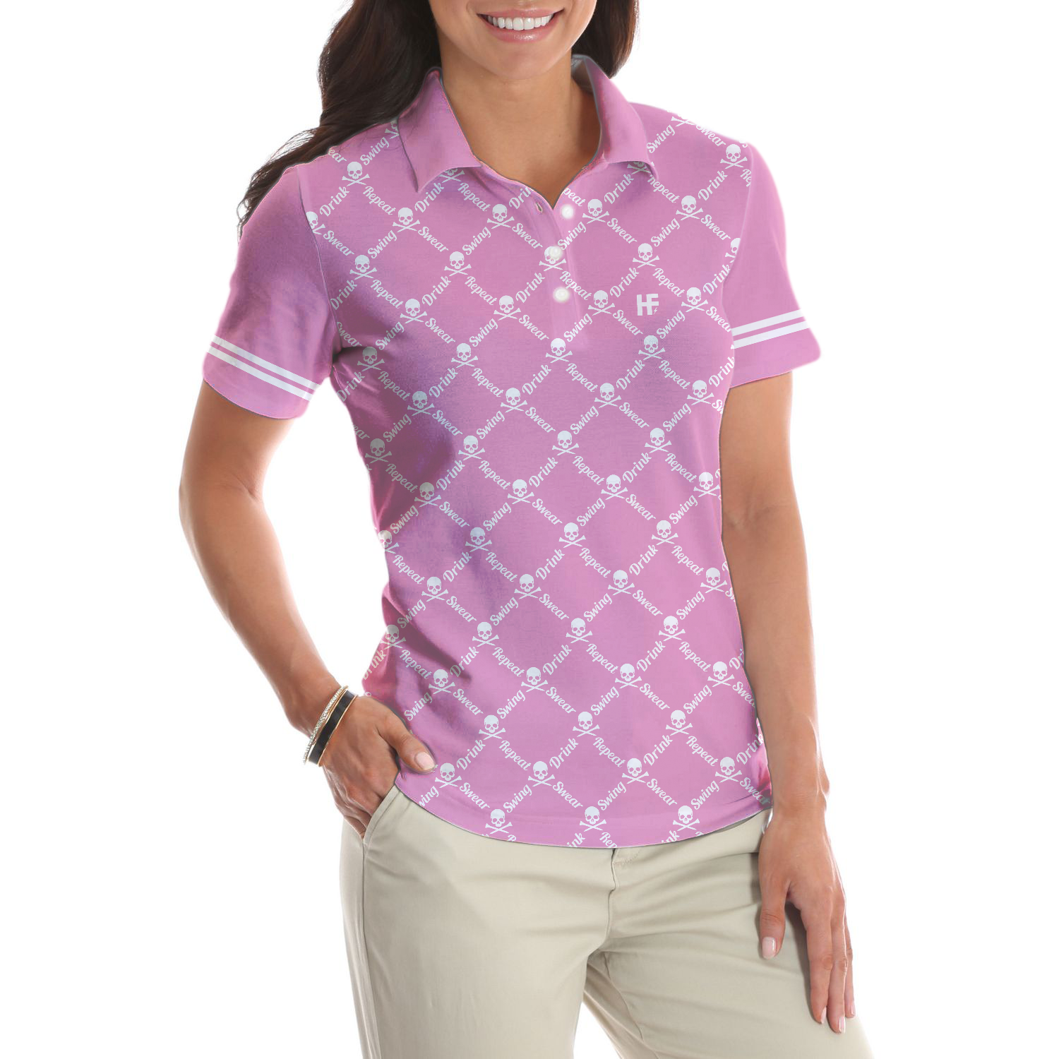 Swing Swear Drink Repeat Pink Golf Short Sleeve Women Polo Shirt, Pink Golfing Shirt For Female Players
