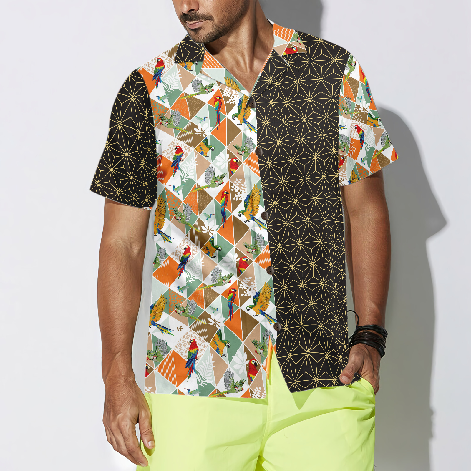 Bold Geometric Parrot Palm Hawaiian Shirt