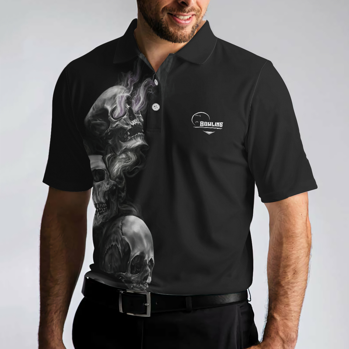 Strike Or Death Bowling Skull Polo Shirt, Black Skull Polo Style Bowling Shirt, Cool Gift For Bowlers