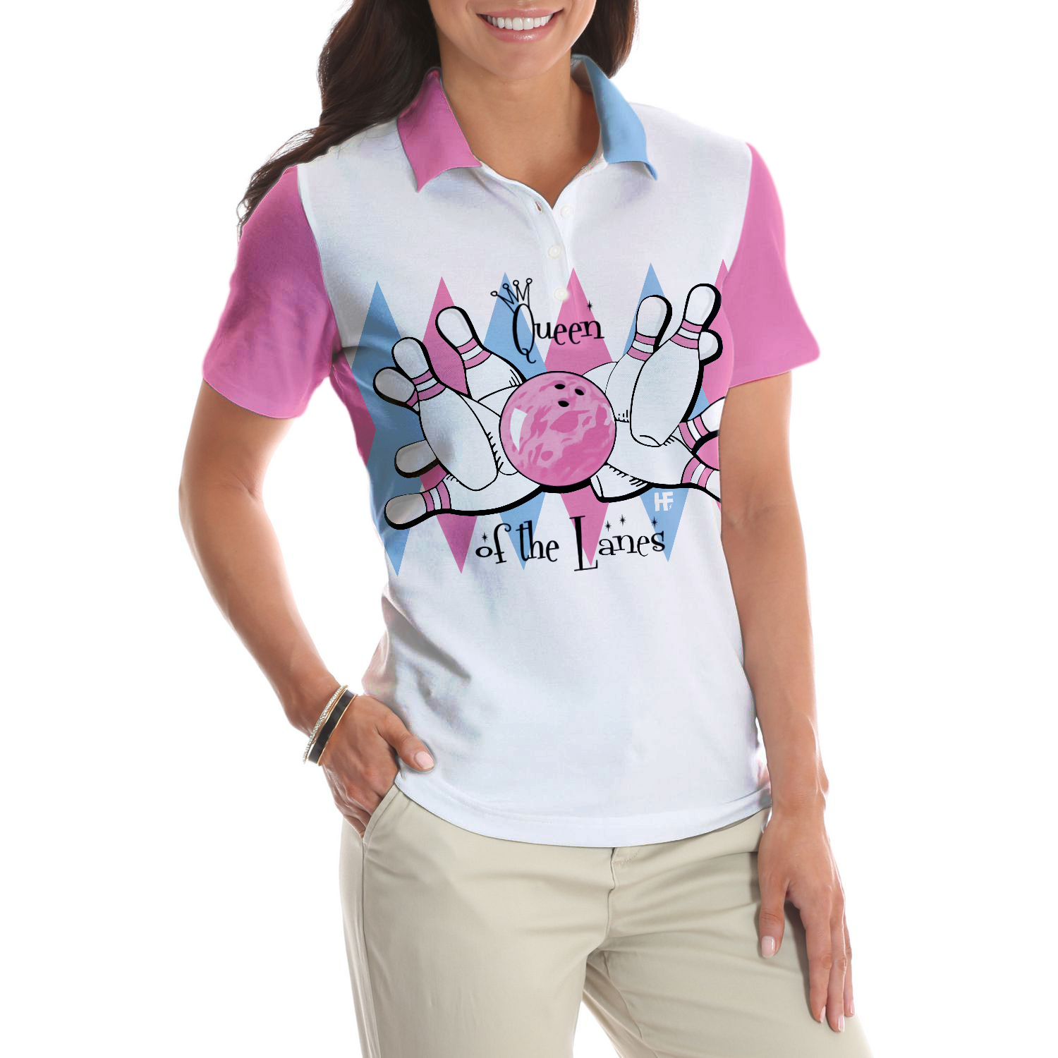 Queen Of The Lanes Pink And Blue Bowling Short Sleeve Women Polo Shirt, Bowling Shirt For Ladies