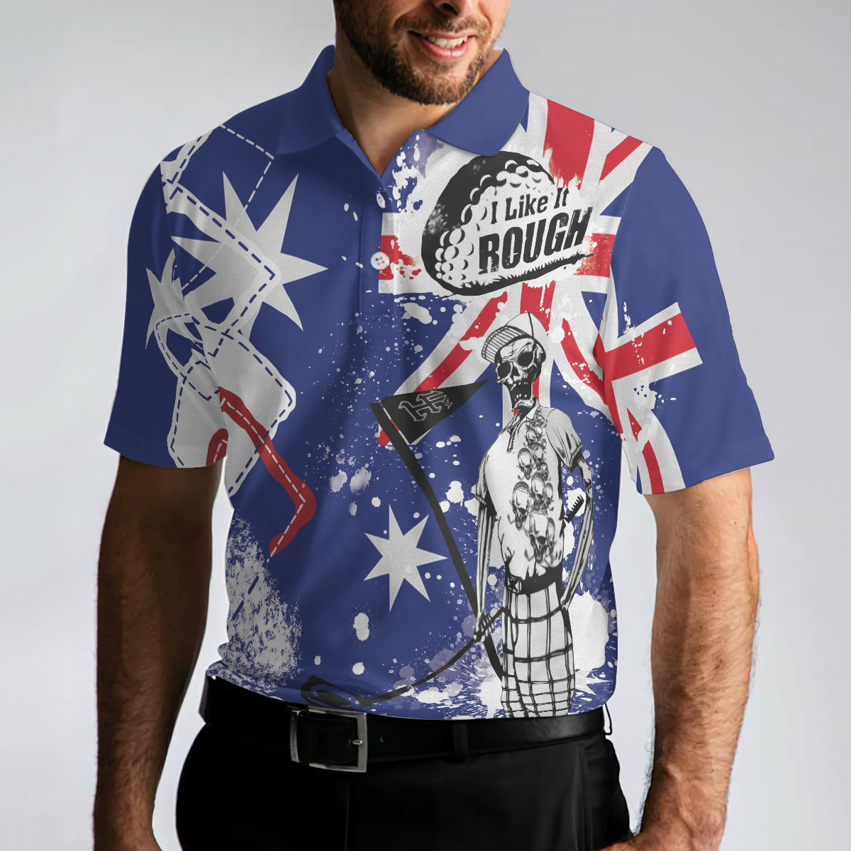 Golf I Like It Rough Australian Flag Polo Shirt, Argyle Pattern Skeleton Golfing Polo Shirt, Funny Golf Shirt For Men