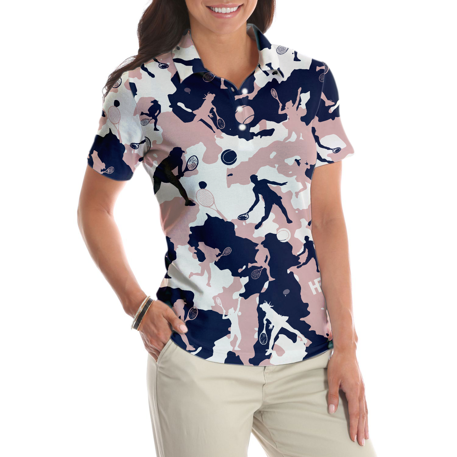 Pink Camouflage Tennis Girl V2 Short Sleeve Women Polo Shirt, Camo Tennis Shirt For Ladies