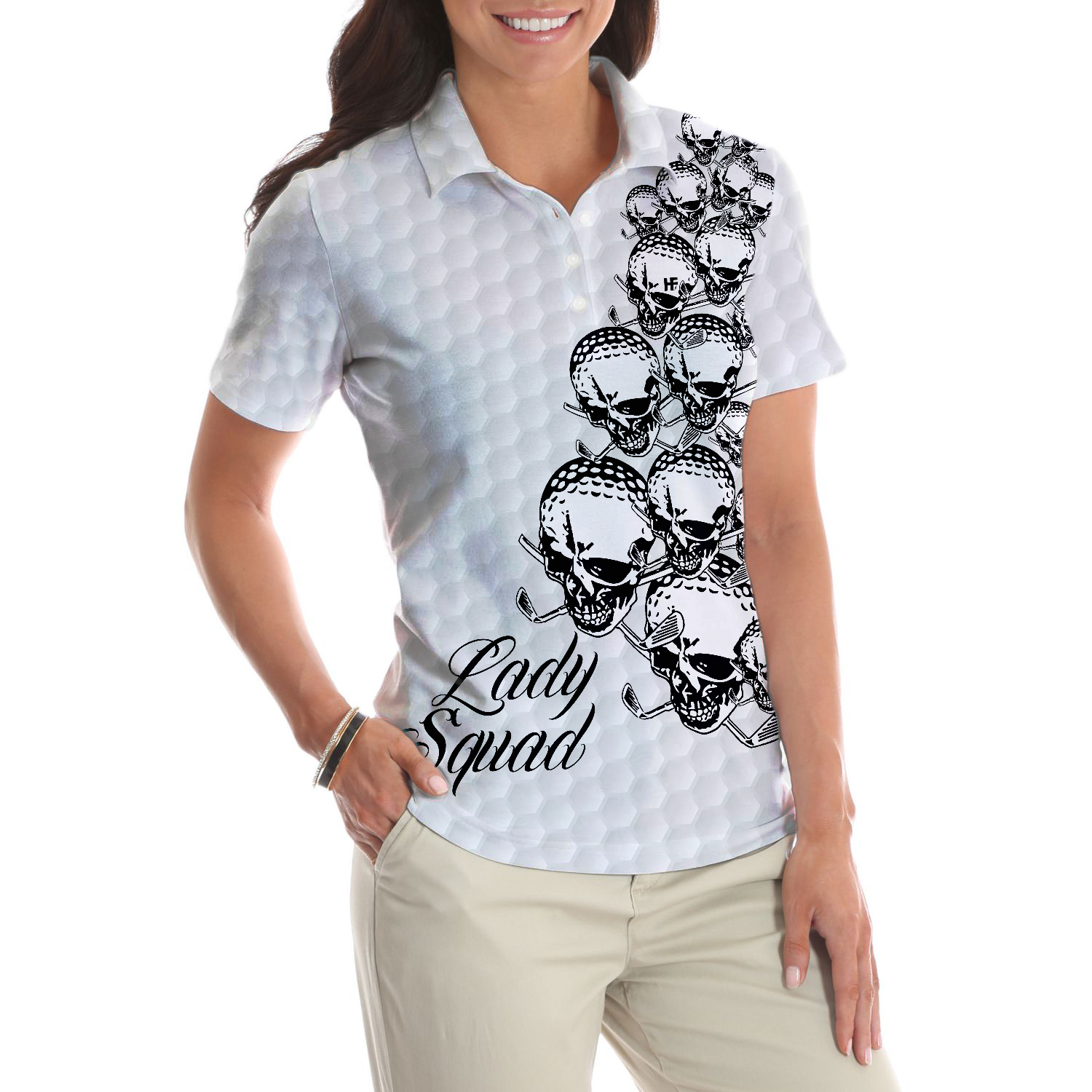 Golf Ball Texture With Skull Golf Short Sleeve Women Polo Shirt, Black And White Skull Golf Shirt For Ladies
