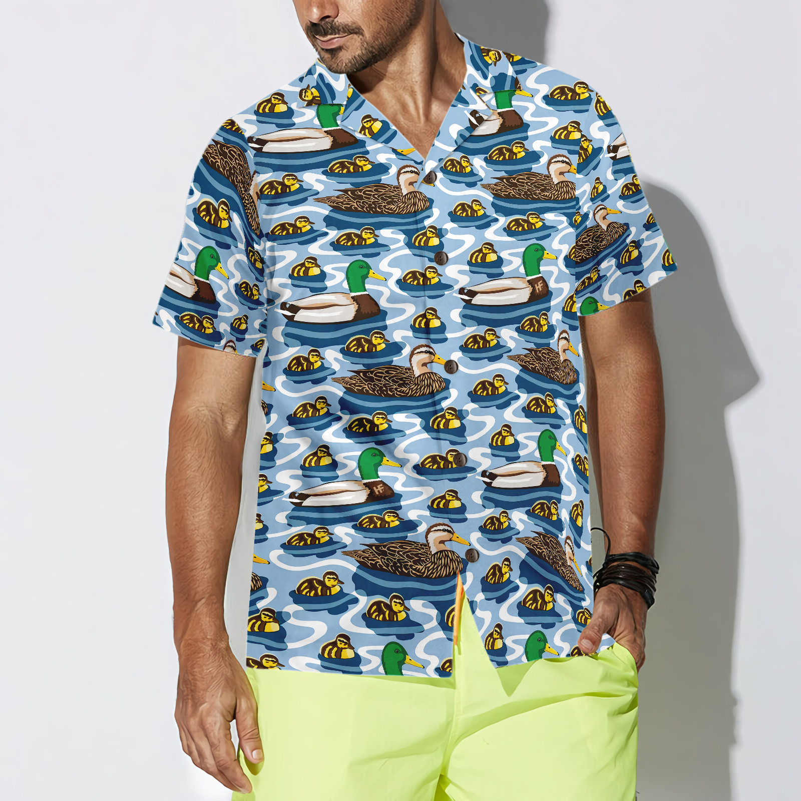 Rouen Duck Family Swimming Hawaiian Shirt, Arctic Blue Pond Texture Hawaiian Shirt