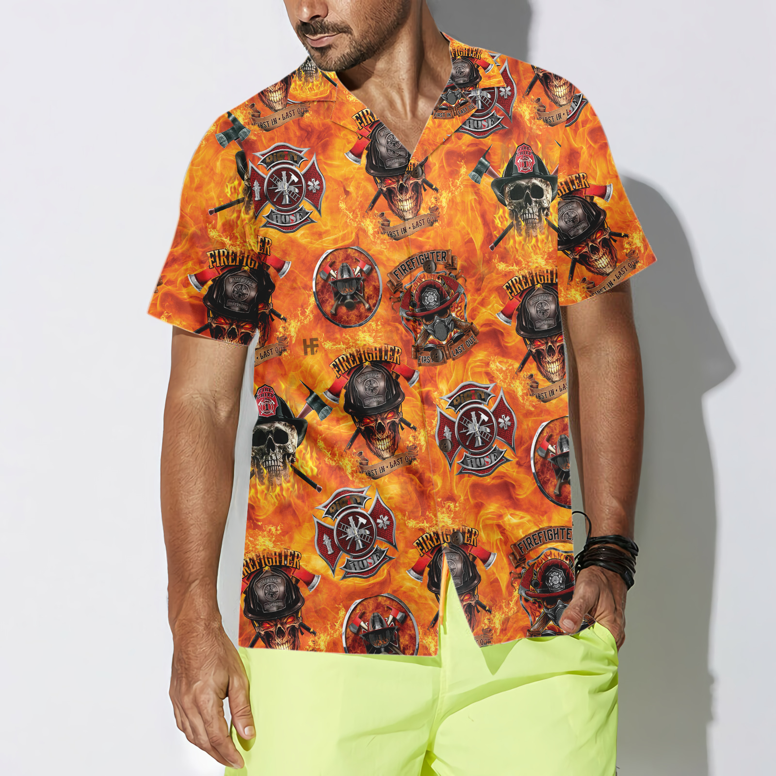 First In Last Out Firefighter Hawaiian Shirt, Viking Style Flame Skull Shield Firefighter Shirt For Men