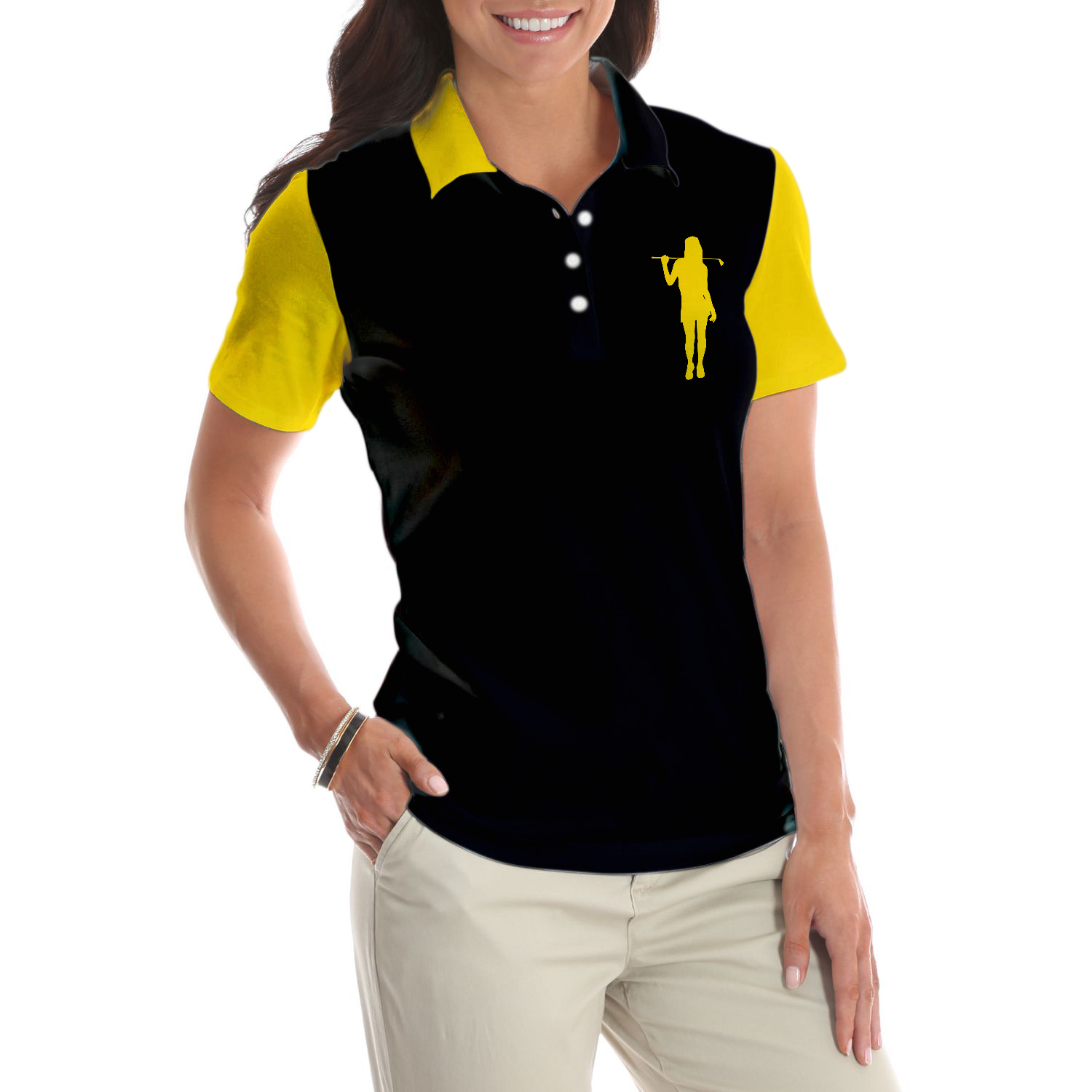 Definition Of Golf Girl Golf Short Sleeve Women Polo Shirt, Black And Yellow Golf Shirt For Ladies