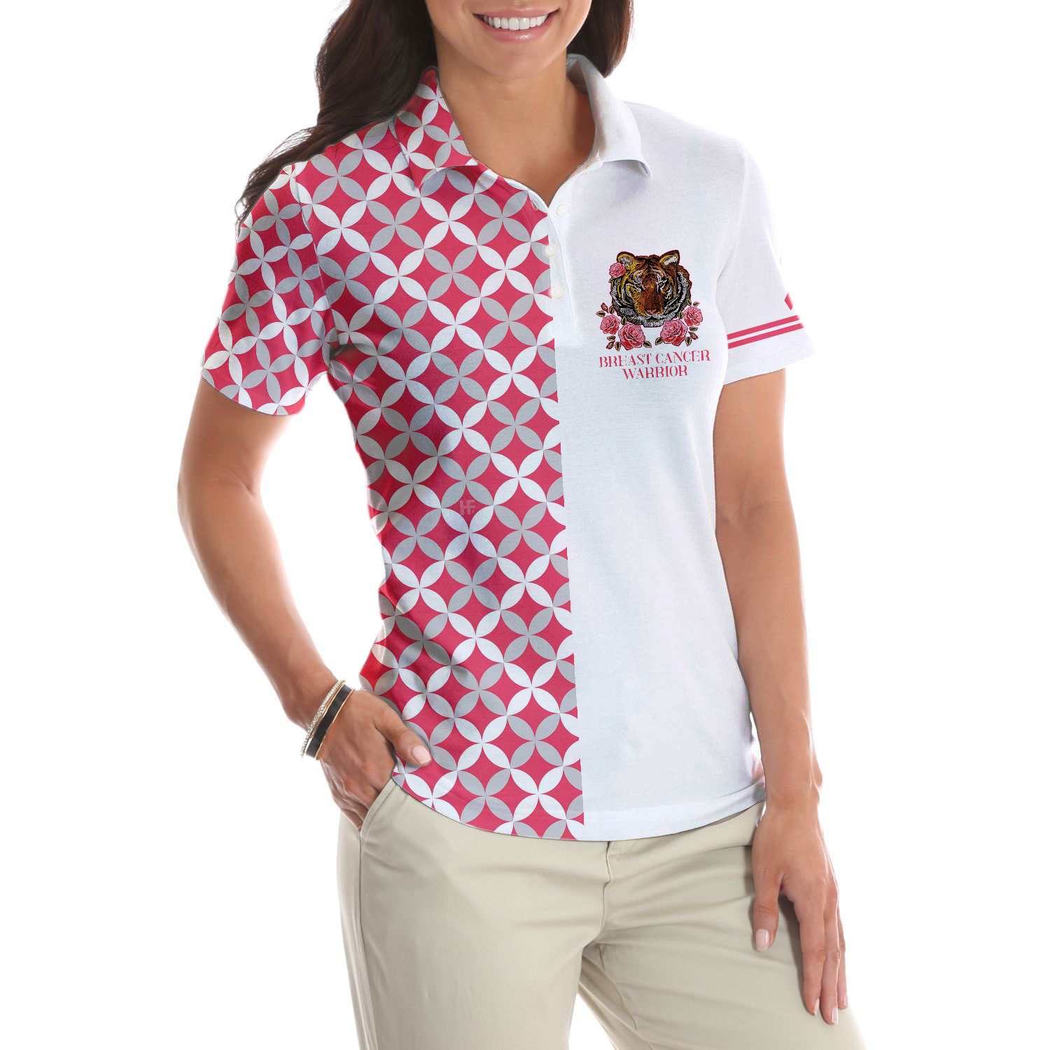 Breast Cancer Tiger Warrior Short Sleeve Women Polo Shirt, Thoughtful Gift For Breast Cancer Survivors