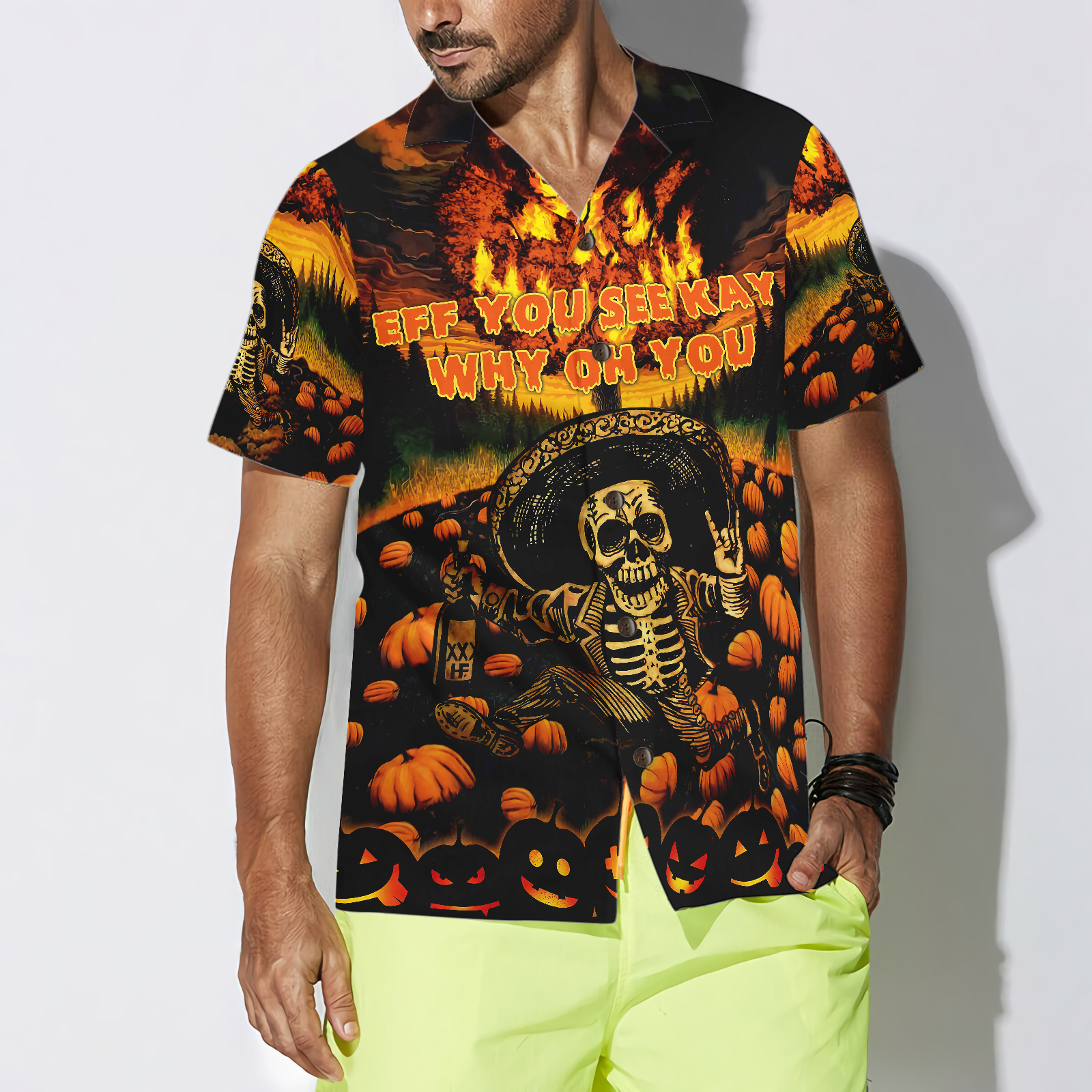 The Burning Pumpkin Sky & Skeleton Halloween Hawaiian Shirt, Halloween Shirt For Men And Women