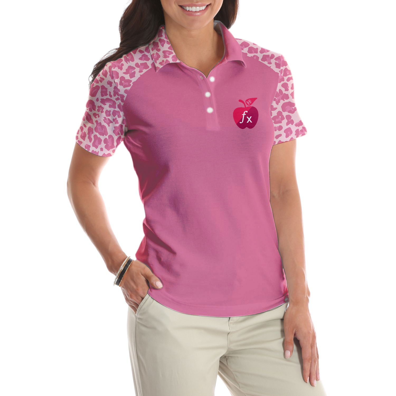 Pink Leopard Math Teacher Short Sleeve Women Polo Shirt, Funny Math Shirt For Ladies
