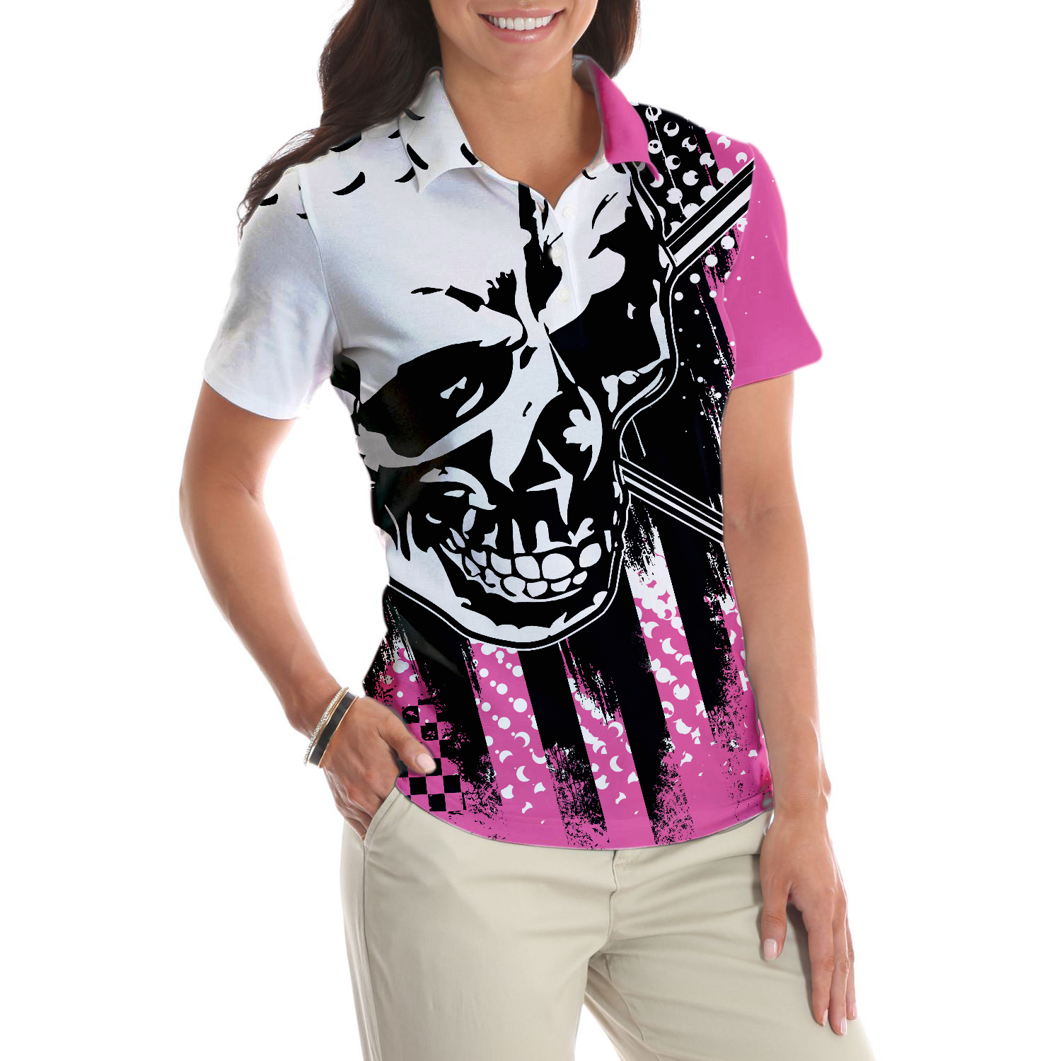 Blade Ladies Golf Pink Short Sleeve Women Polo Shirt, Skull Golf Shirt For Women, Unique Female Goff Gift