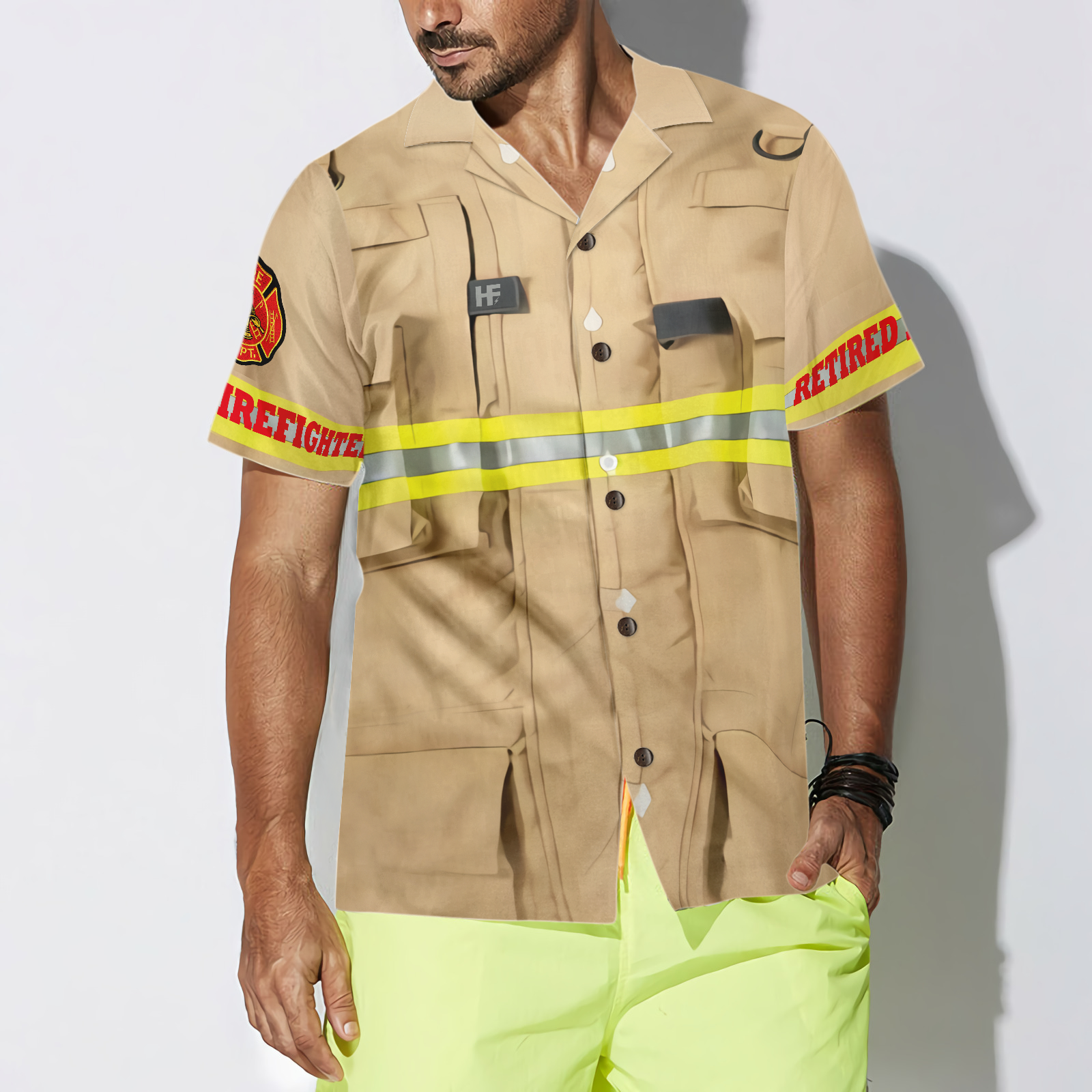 Proud Retired Firefighter Hawaiian Shirt, Cream Life Vest Work Uniform Fire Dept Logo Firefighter Shirt For Men