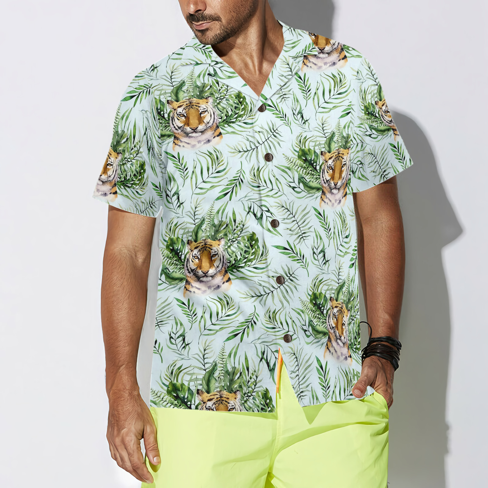 Tropical Green Leaves And Jungle Tiger Shirt For Men Hawaiian Shirt