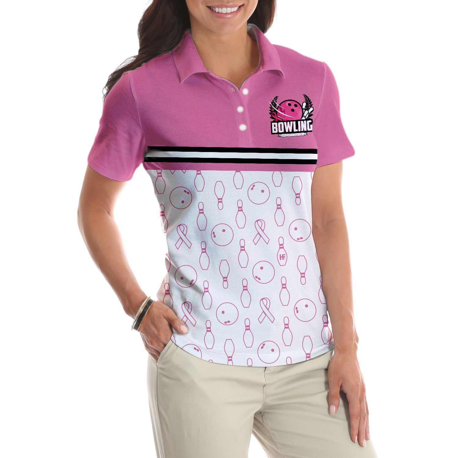 Bowl For The Cure Short Sleeve Women Polo Shirt, Breast Cancer Awareness Polo Shirt For Ladies, Pink Ribbon Shirt