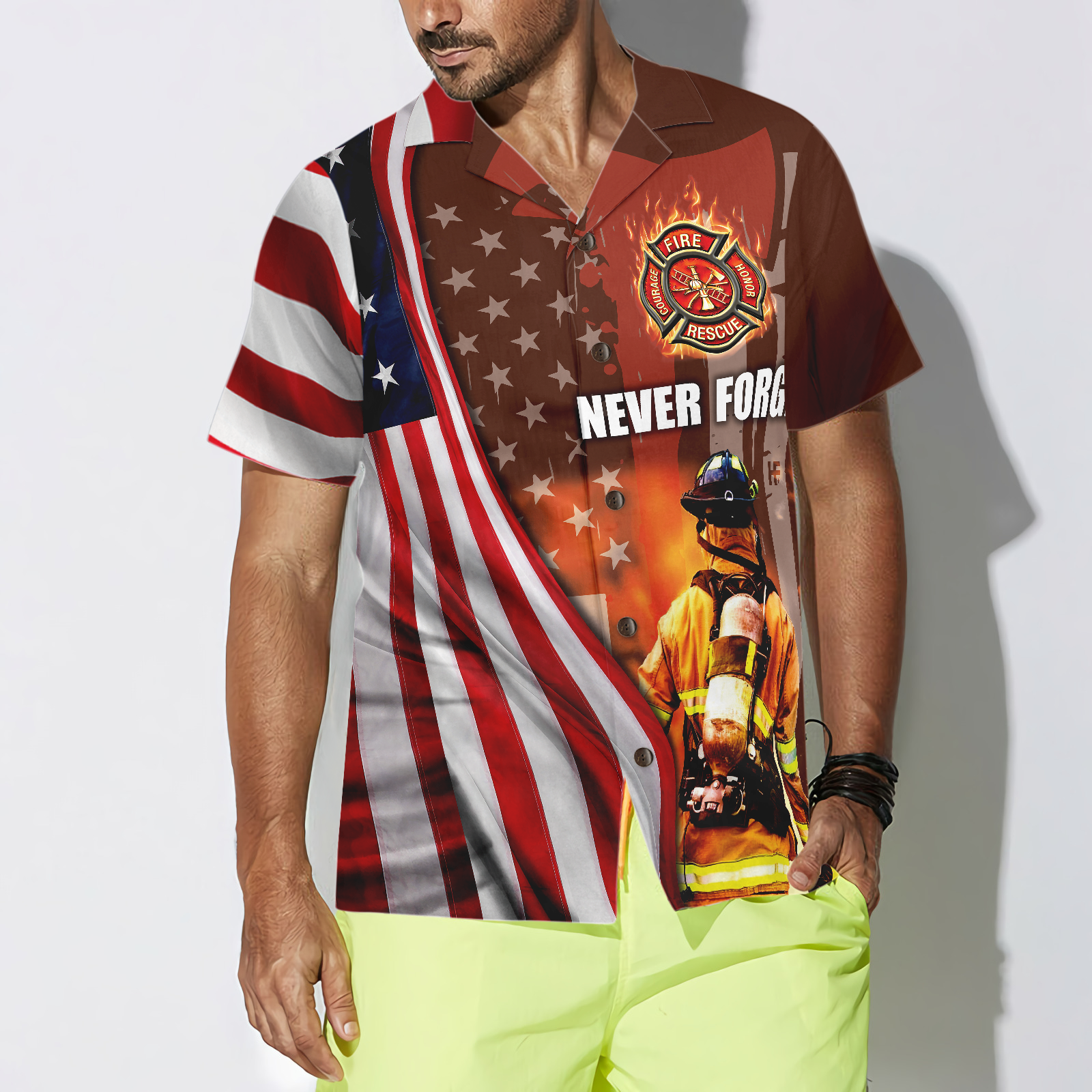 Never Forget Retired Firefighter American Flag Hawaiian Shirt, Red Axe And Logo Proud Firefighter Shirt For Men