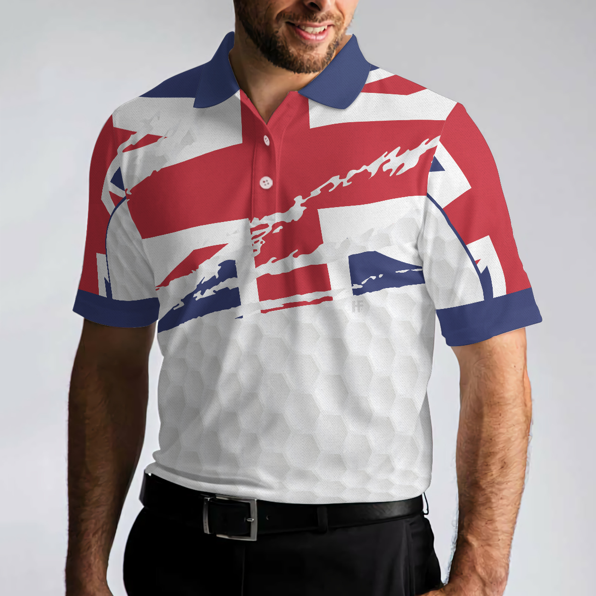 United Kingdom Flag Golf Texture Black Golfer Polo Shirt, Great Britain Jack Polo Shirt, UK Golf Shirt For Men