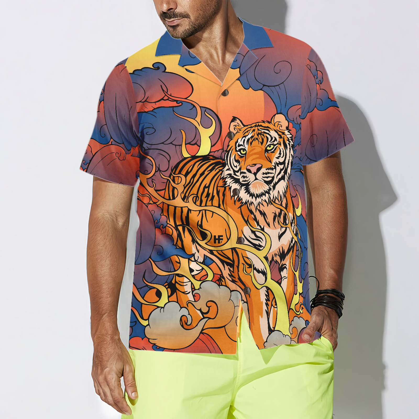Oriental Powerful Tiger Hawaiian Shirt, Dawn Sun And Cloud Tiger Print Shirt For Men