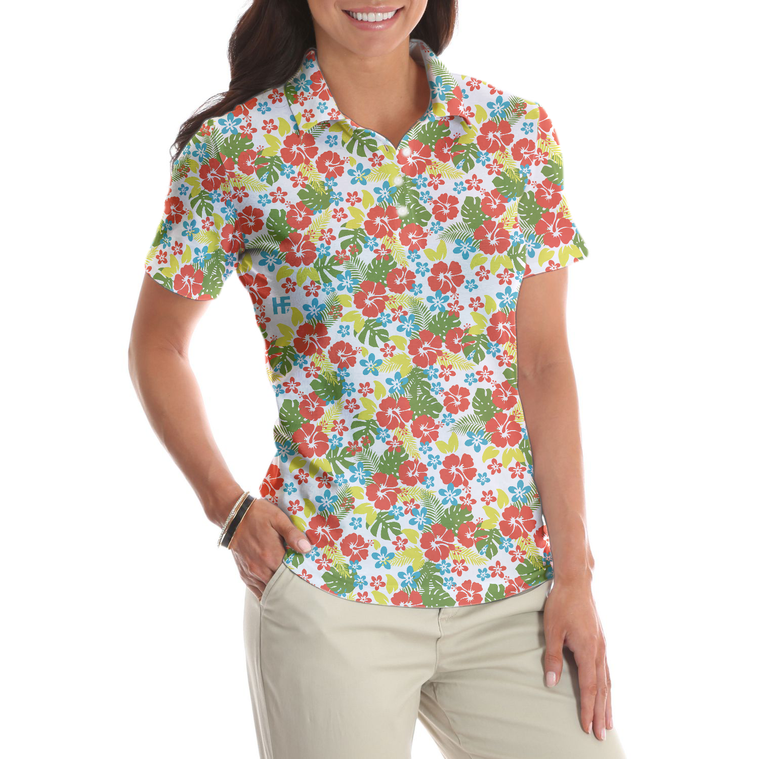 Tropical Flowers Pattern Short Sleeve Women Polo Shirt