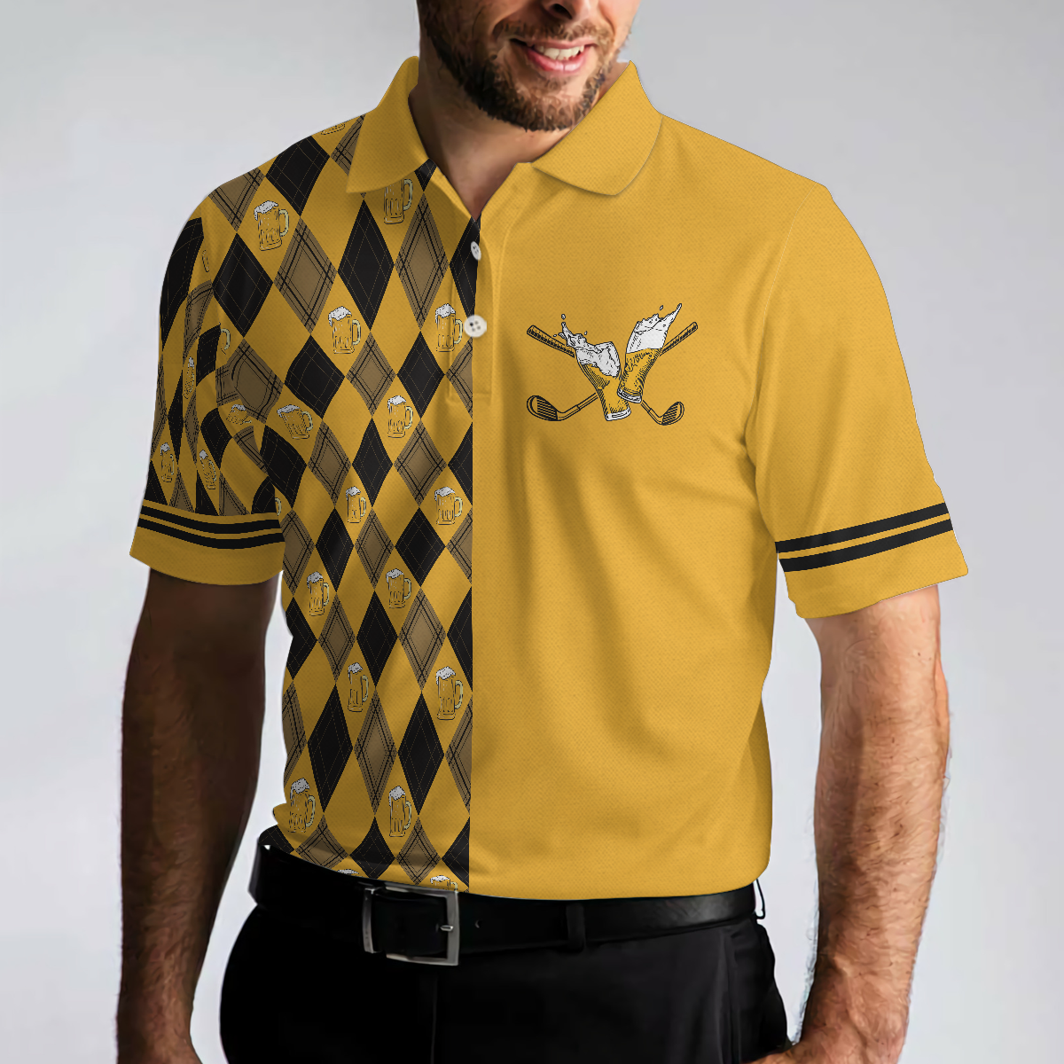 Swing Swear Drink Repeat Polo Shirt, Black And Yellow Argyle Pattern Shirt, Swag Golf Gift For Golfers