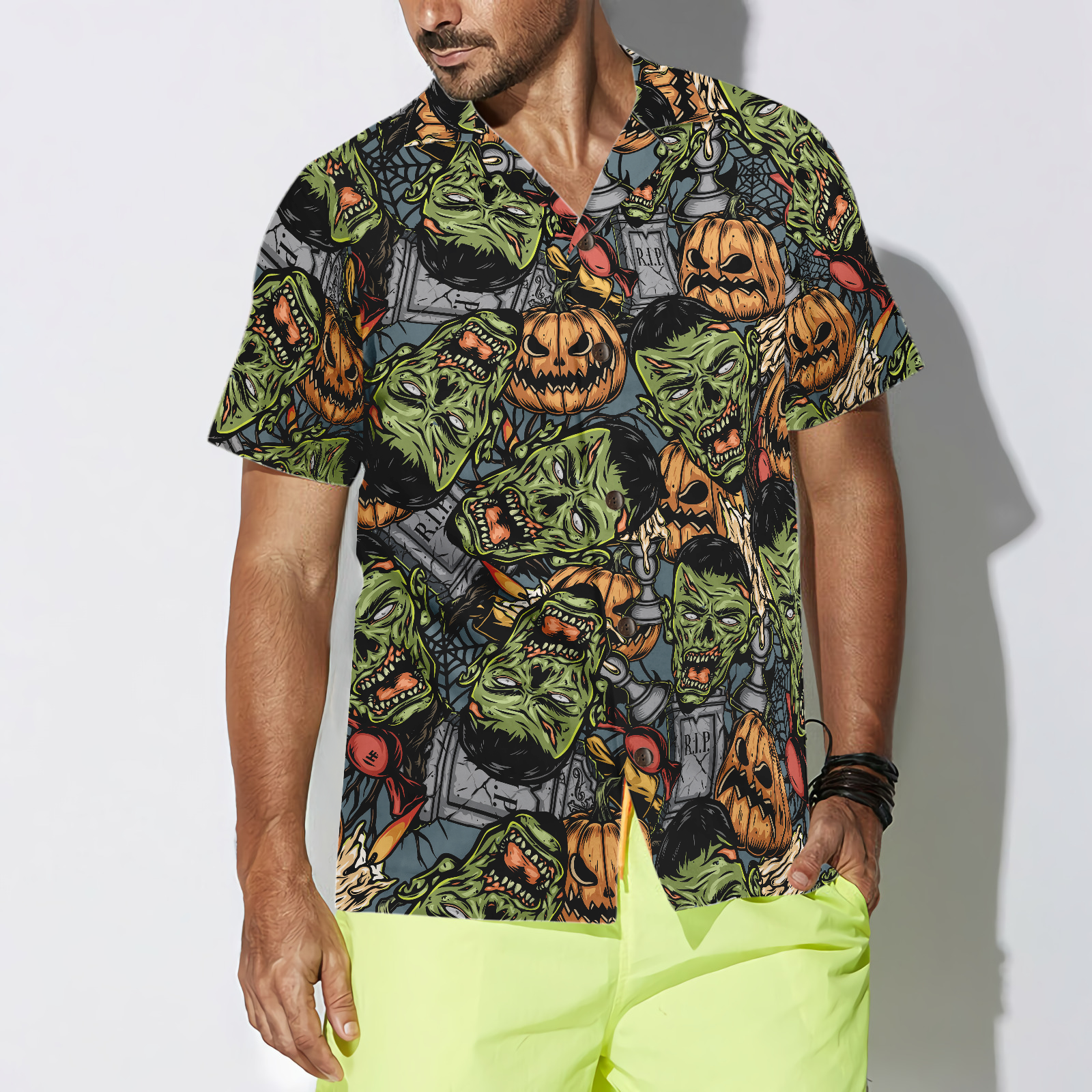 Halloween Monsters Hawaiian Shirt For Men, Rip Grave Board Frankenstein And Jack-o'-lantern Pumpkin Hawaiian Shirt