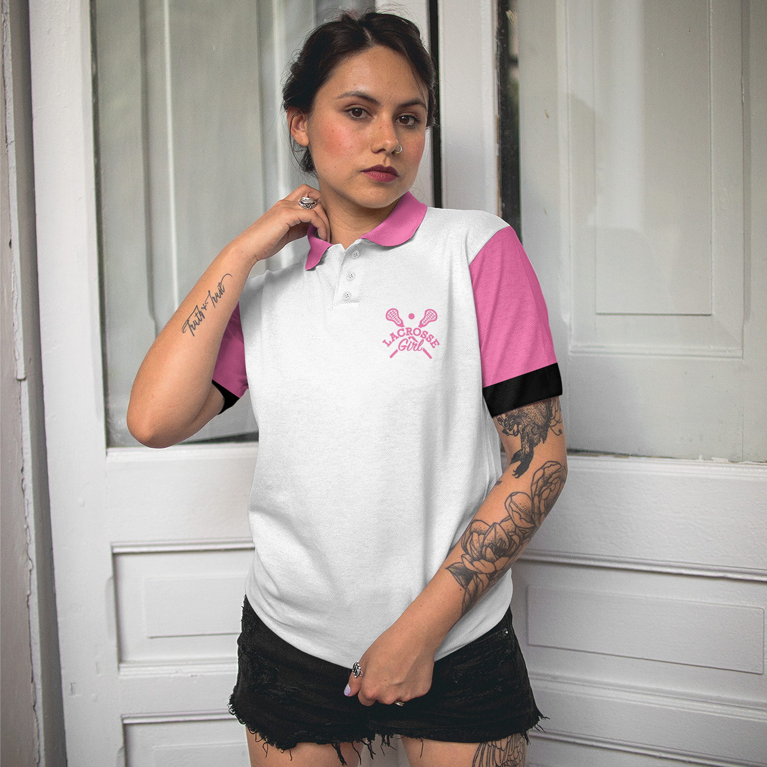 Yes I Play Like A Girl Need A Lesson Lacrosse Short Sleeve Women Polo Shirt, White And Pink Lacrosse Shirt For Ladies