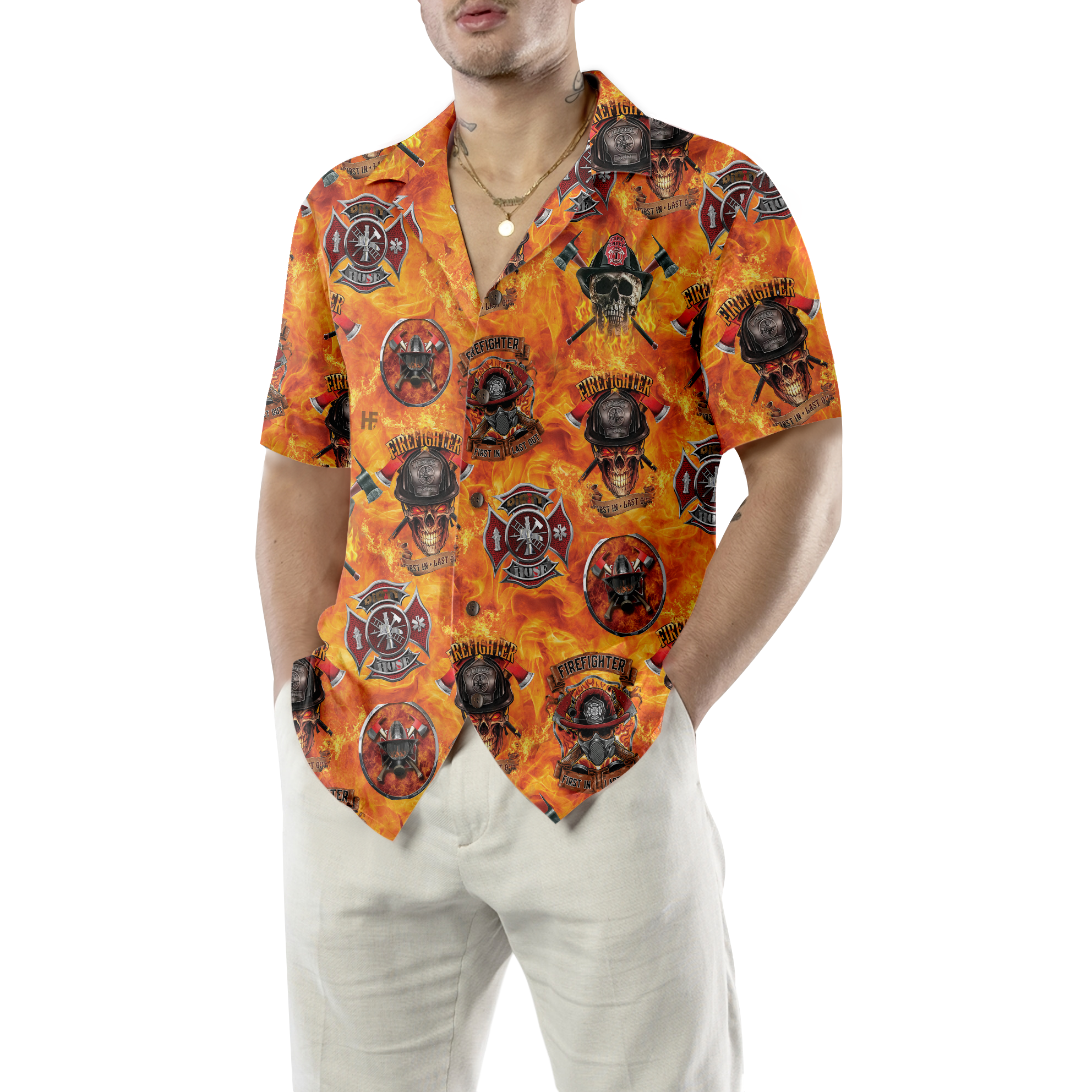 First In Last Out Firefighter Hawaiian Shirt, Viking Style Flame Skull Shield Firefighter Shirt For Men