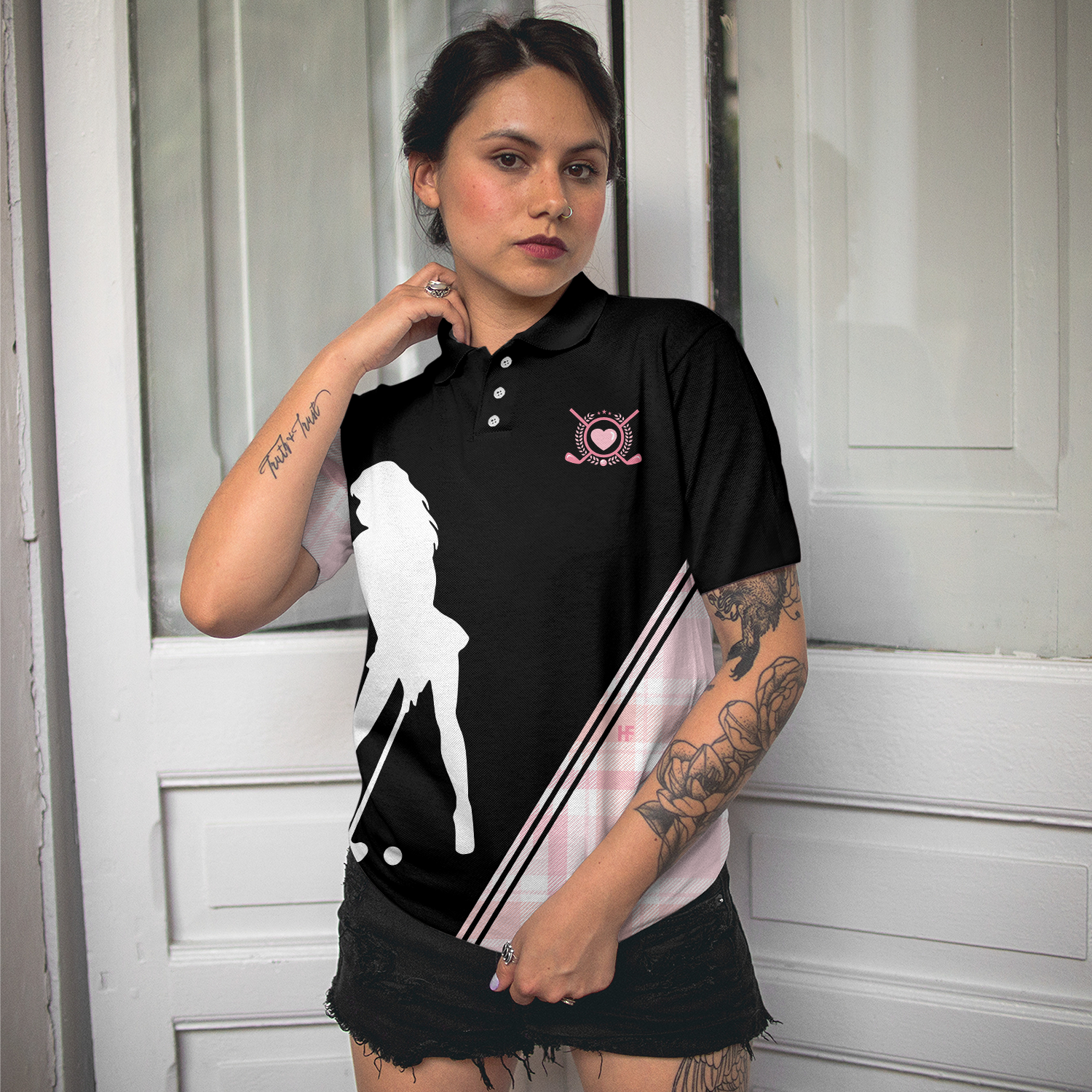 Golf Girl In Black And Pink Plaid Pattern Golf Short Sleeve Women Polo Shirt, Unique Golf Shirt For Ladies